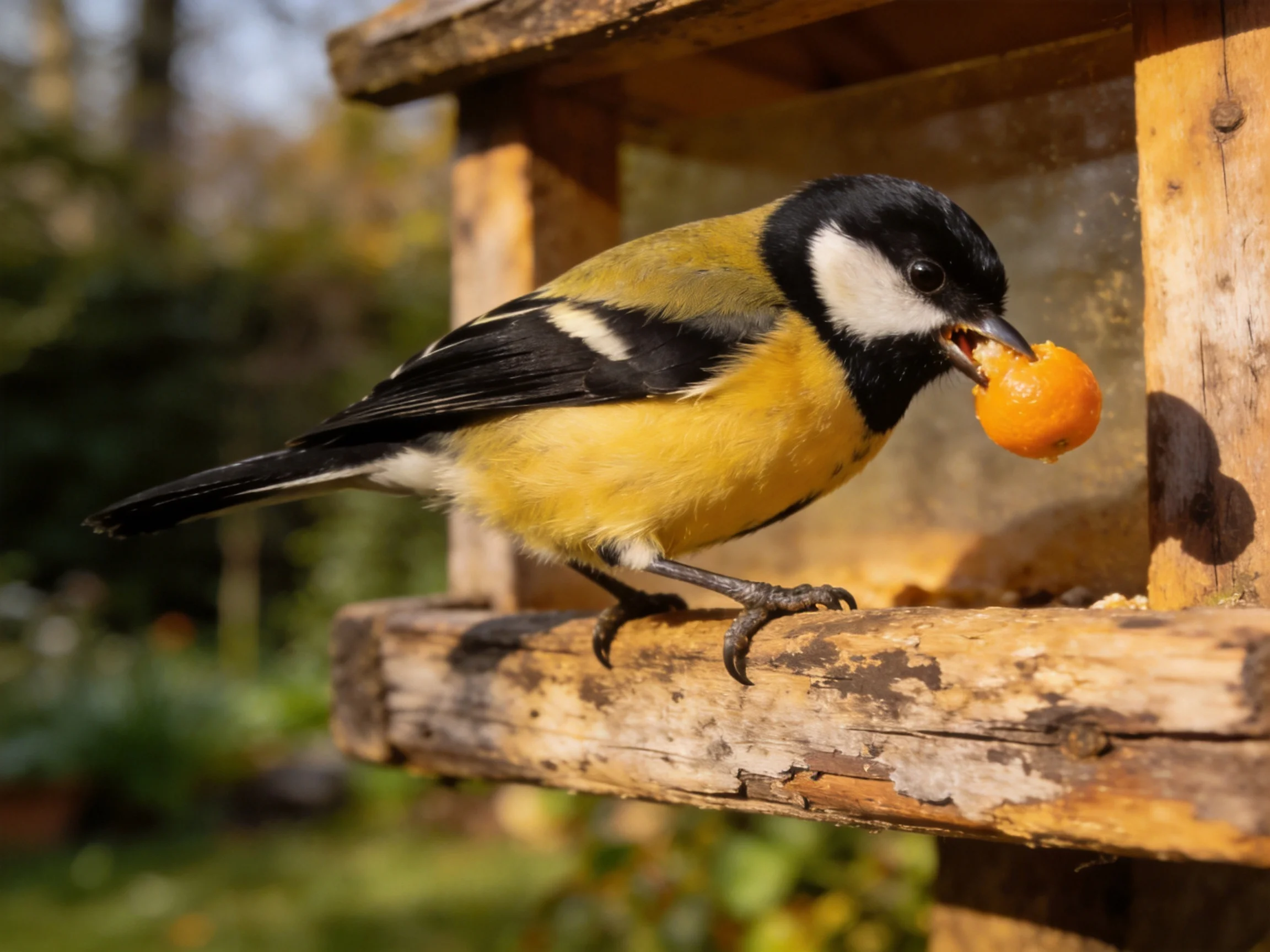 A colorful bird eating an orange fruit from a wooden feeder