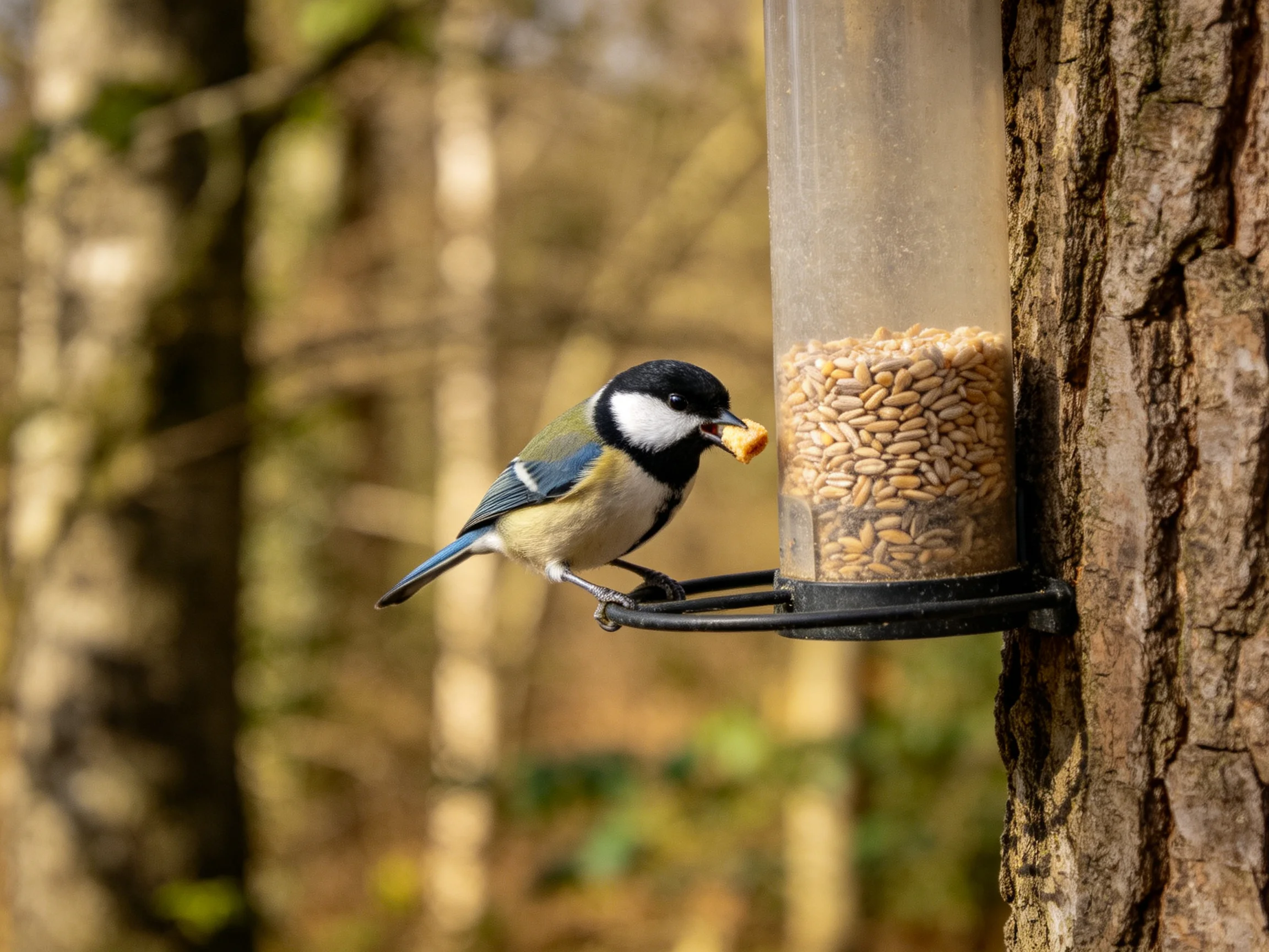 A colorful bird feeding from a cylindrical seed feeder on a tree trunk
