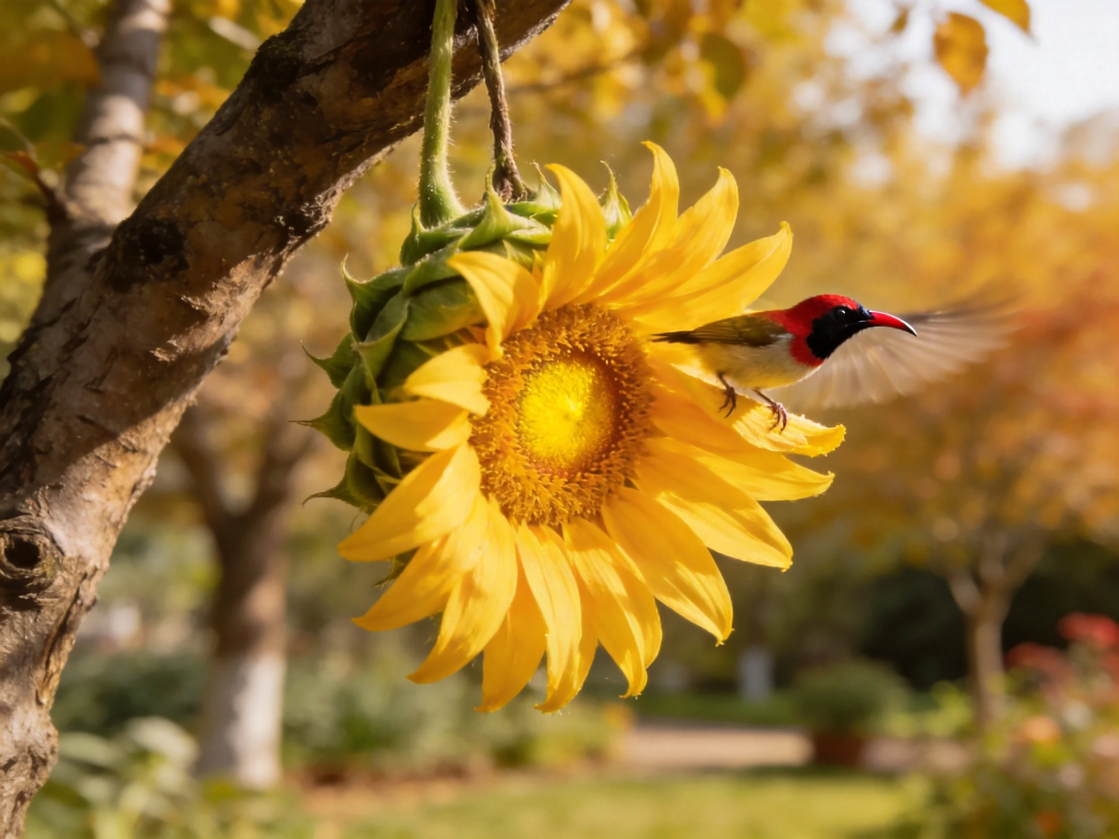 A colorful bird feeding from a large yellow sunflower hanging from a tree