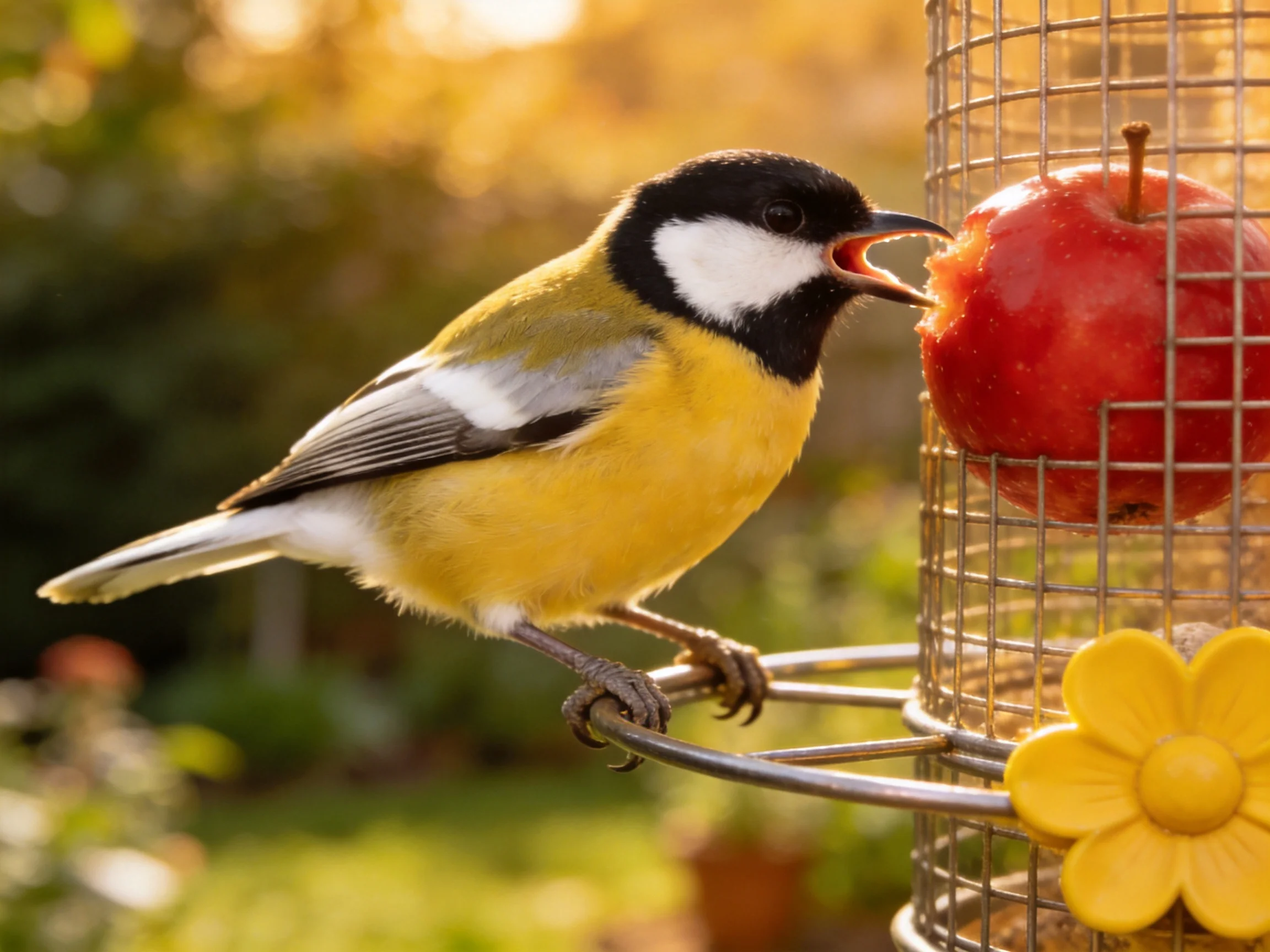A colorful bird feeding on a red apple at a wire feeder
