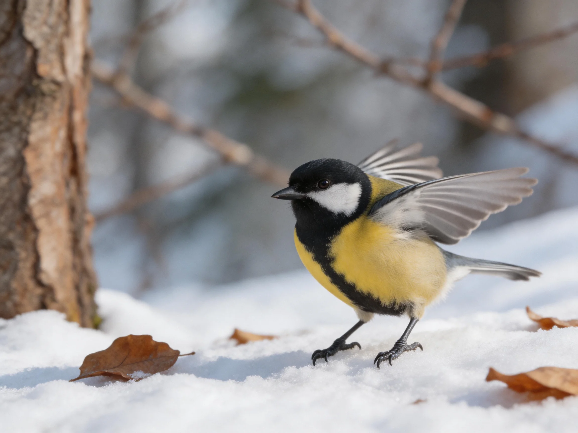 A colorful bird flapping wings on snowy ground near a tree trunk