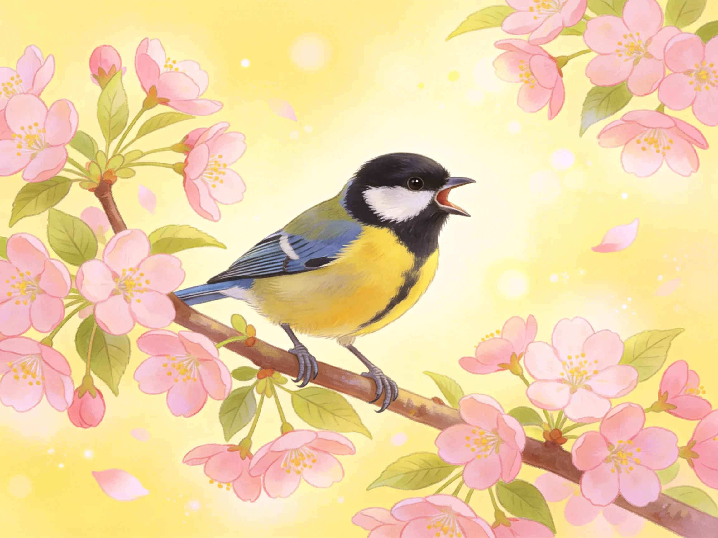 A colorful bird perched on a branch with pink blossoms