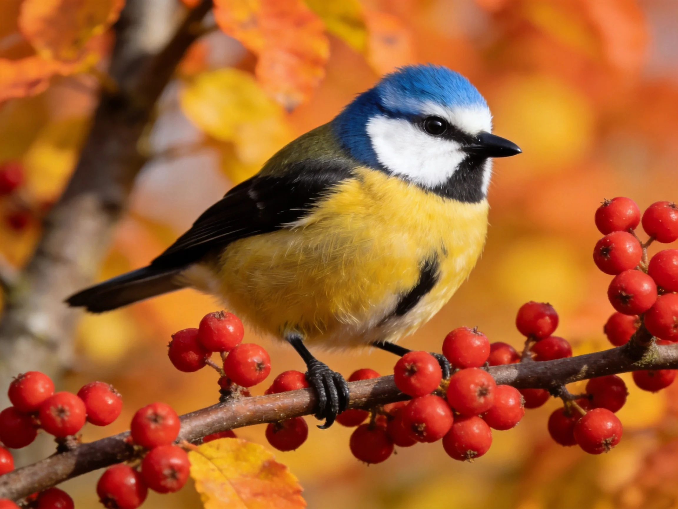 A colorful bird perched on a branch with red berries and autumn foliage