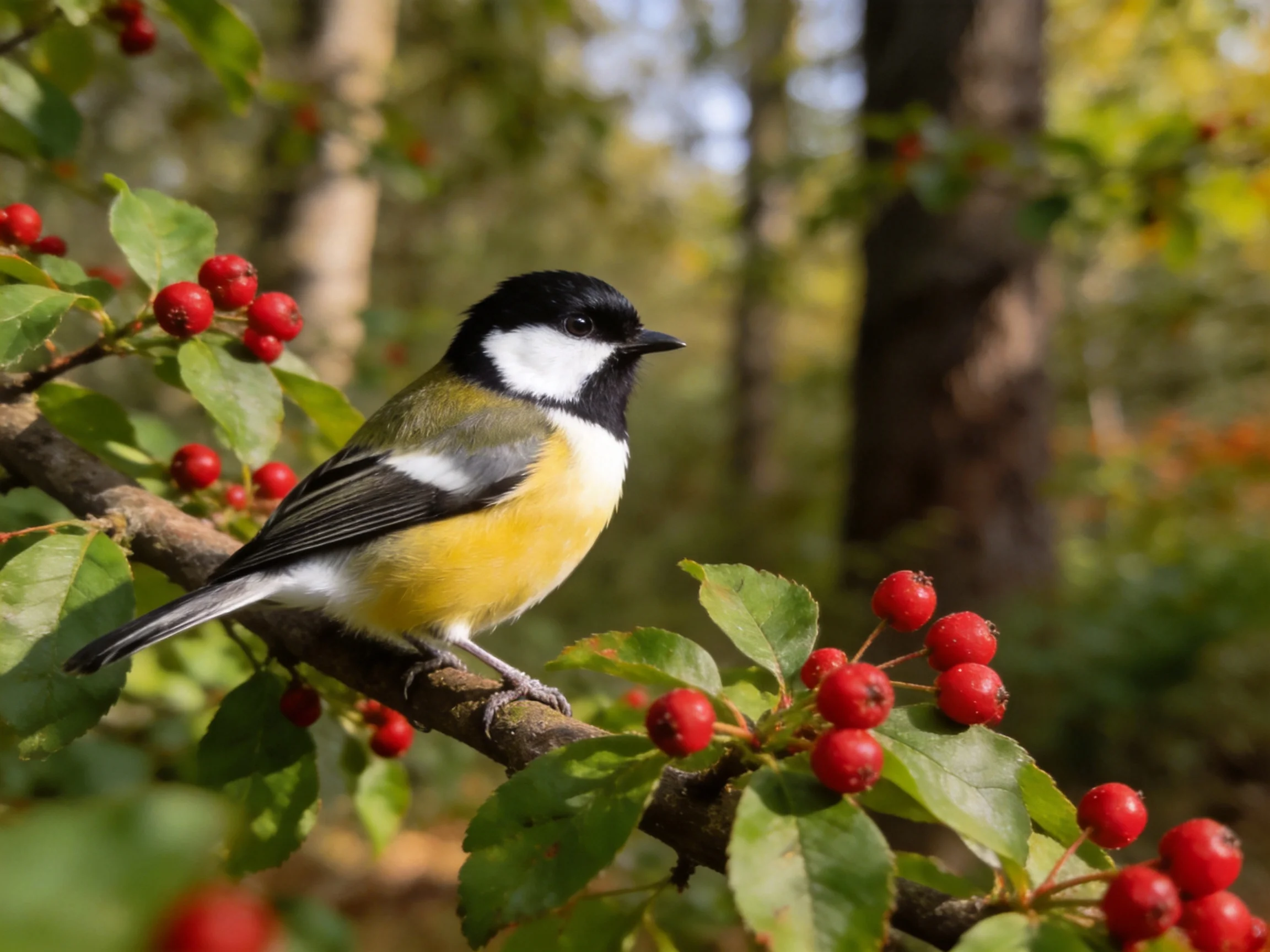 A colorful bird perched on a branch with vibrant red berries