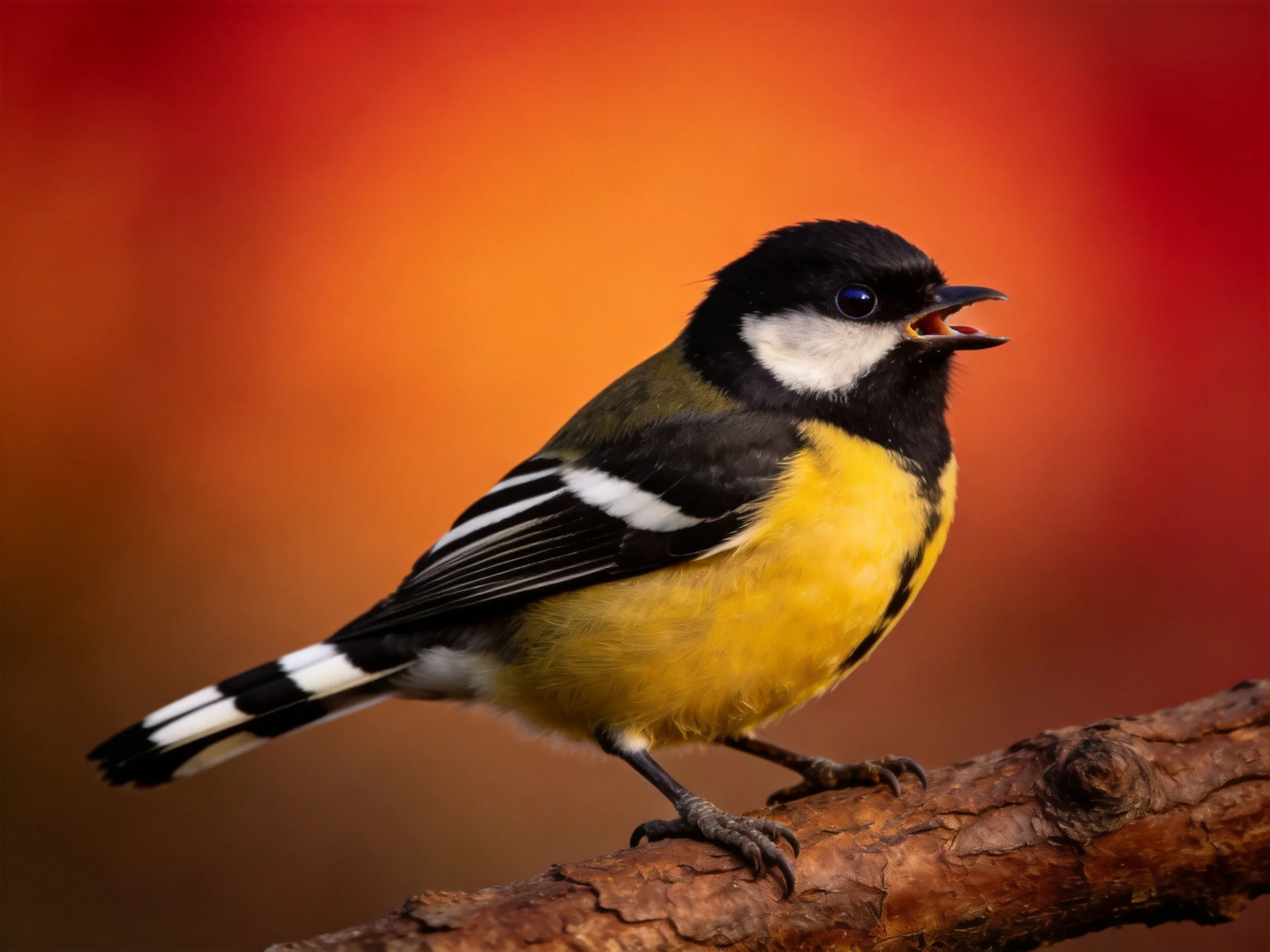 A colorful bird perched on a brown tree branch against a warm red-orange backdrop
