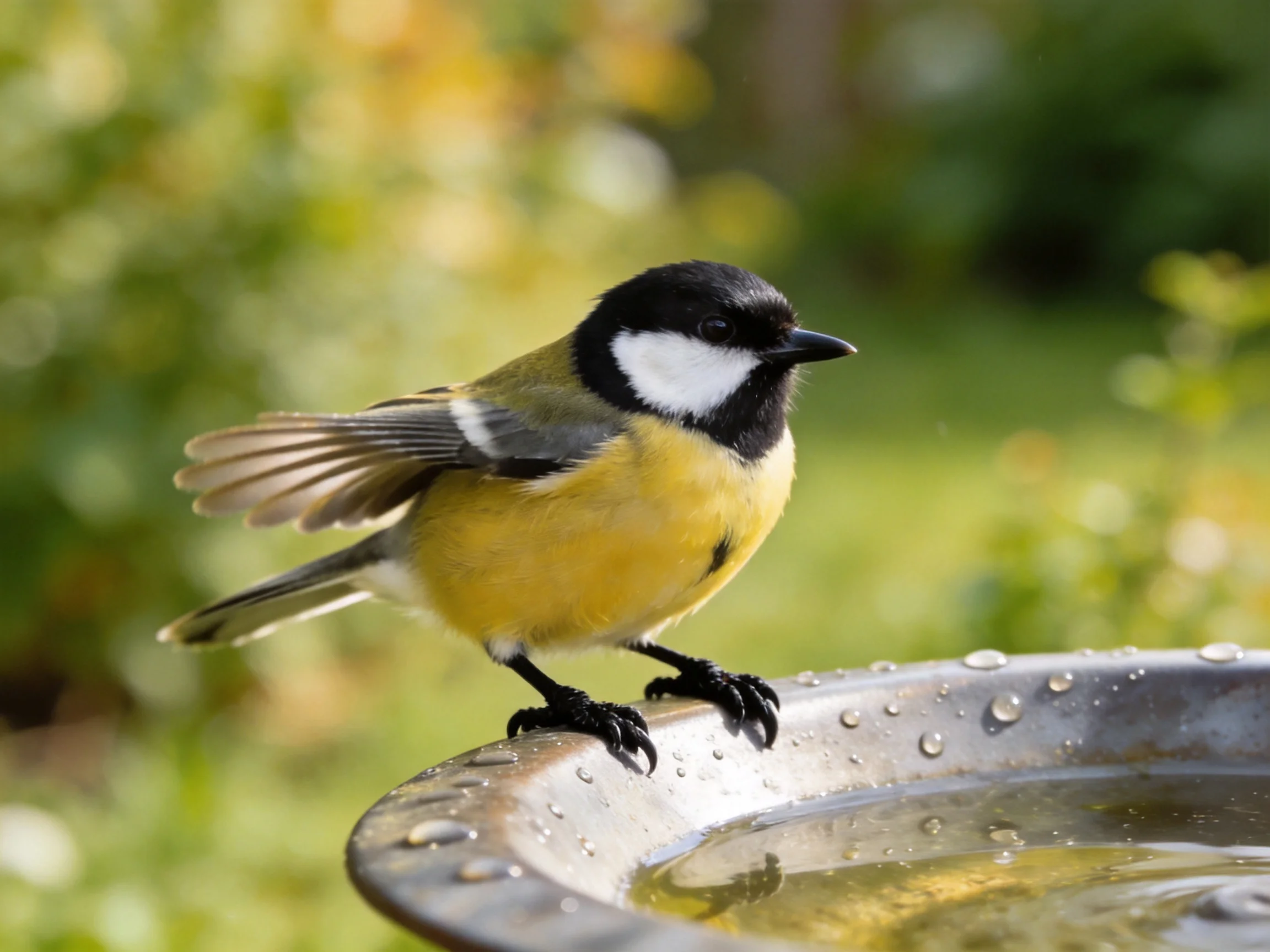 A colorful bird perched on a dewy metallic birdbath in a garden