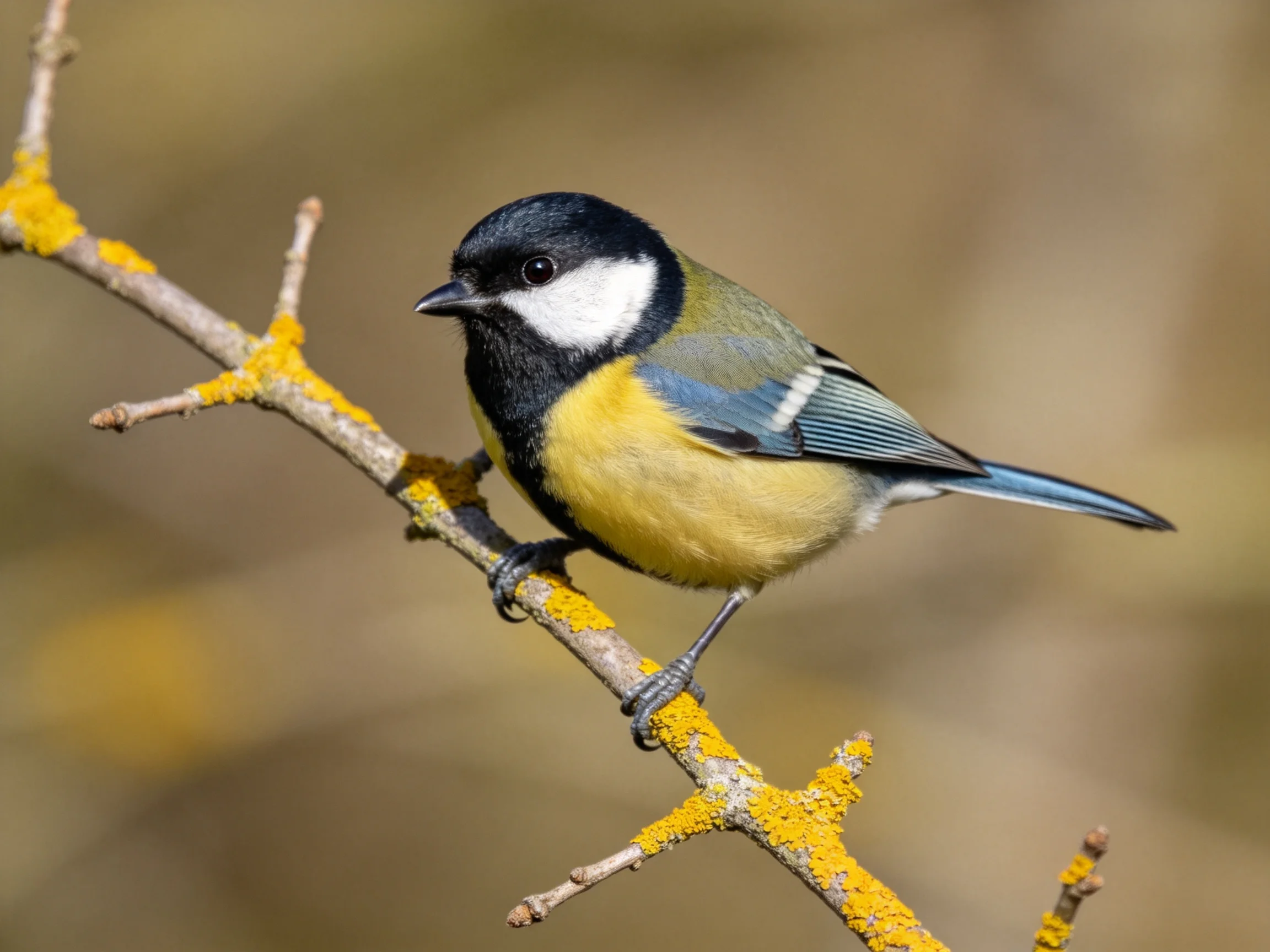 A colorful bird perched on a lichen-covered branch