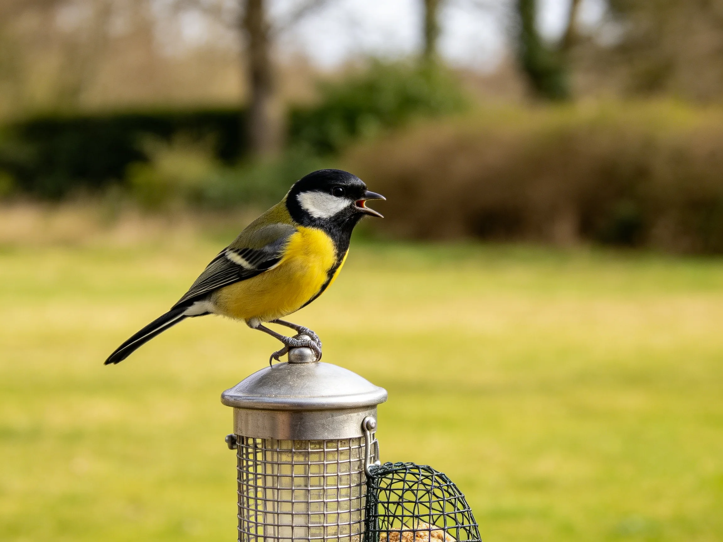 A colorful bird perched on a metallic feeder in a sunny garden