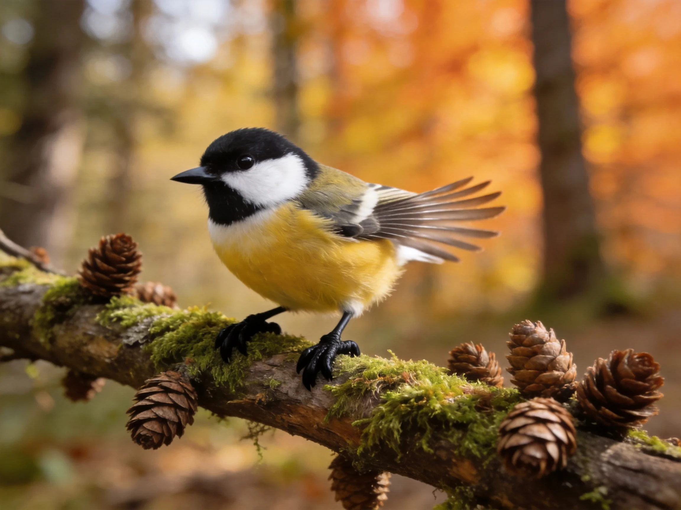 A colorful bird perched on a mossy branch with pinecones
