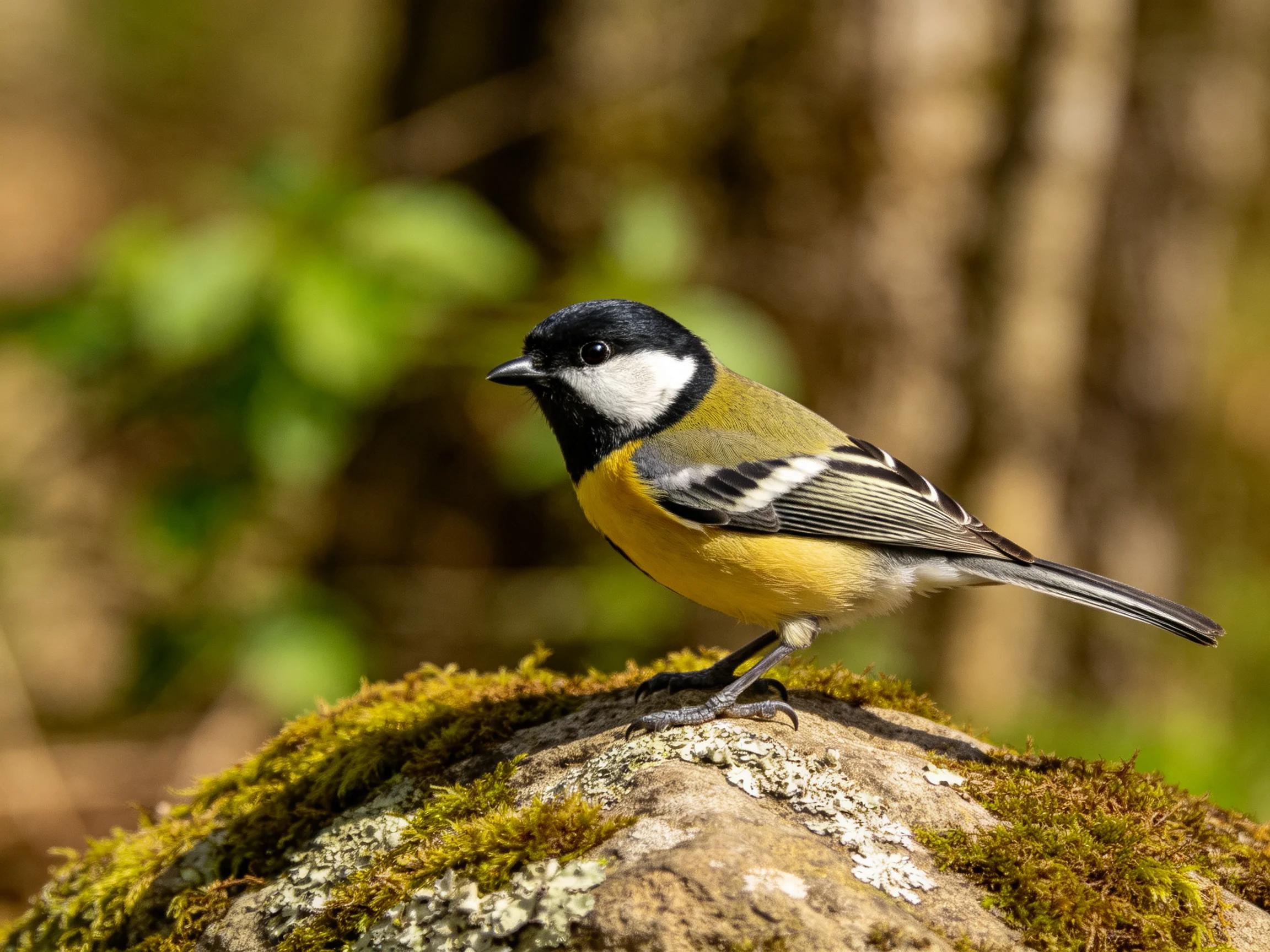 A colorful bird perched on a mossy rock