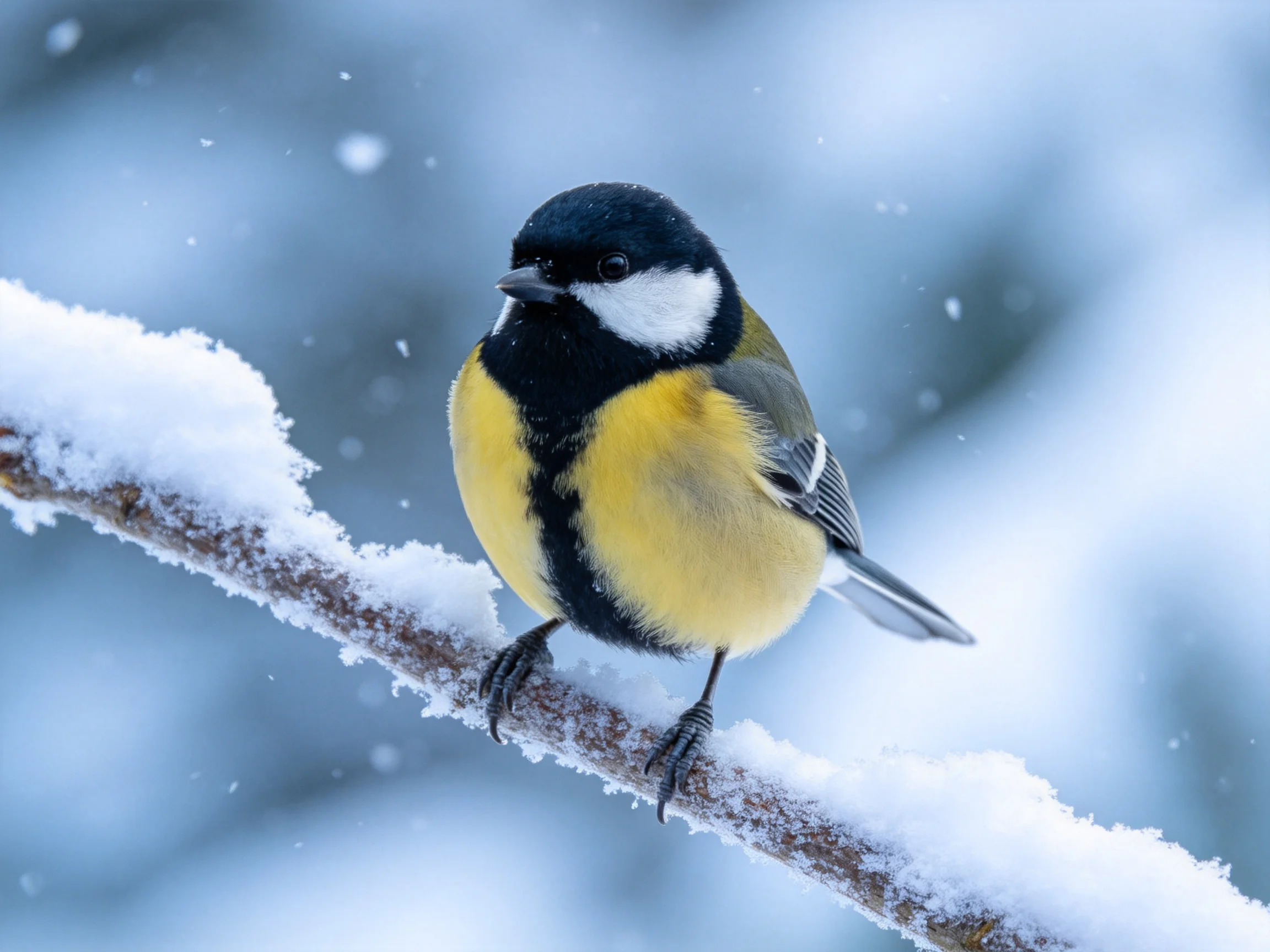 A colorful bird perched on a snow-covered branch in winter