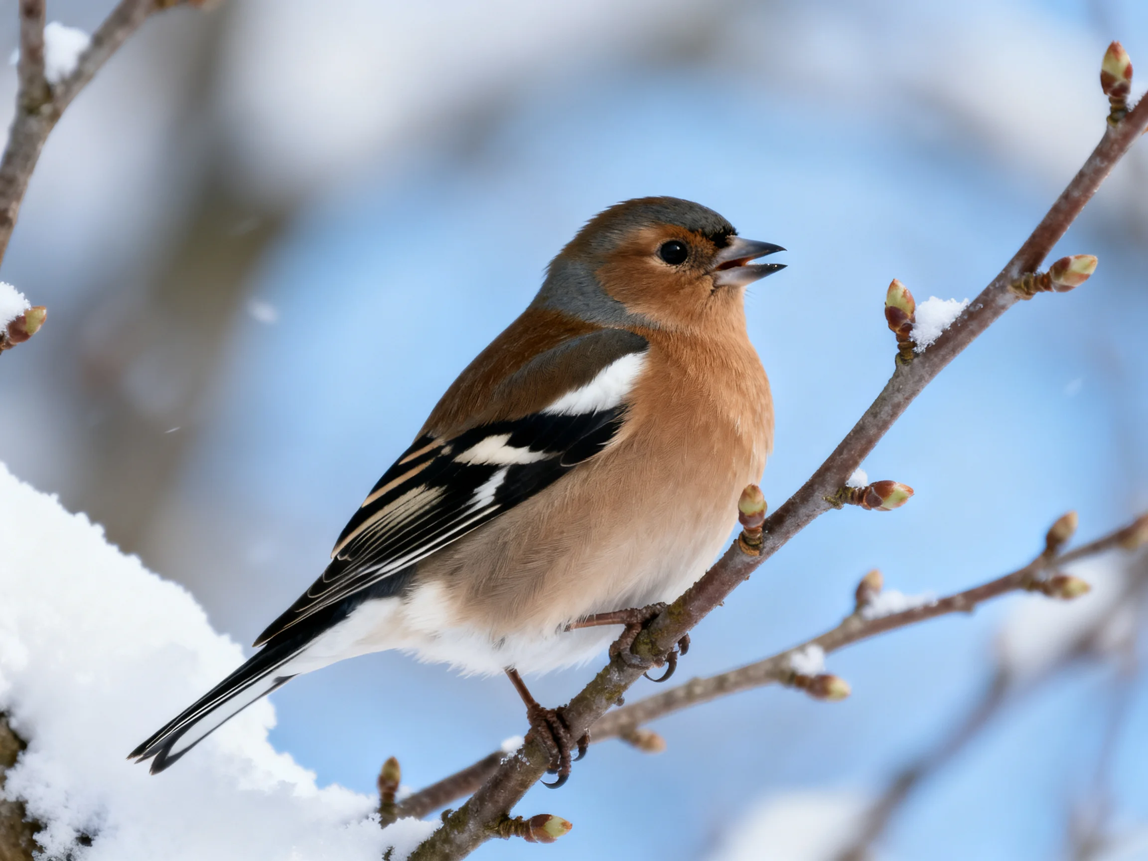 A colorful bird perched on a snow-dusted branch