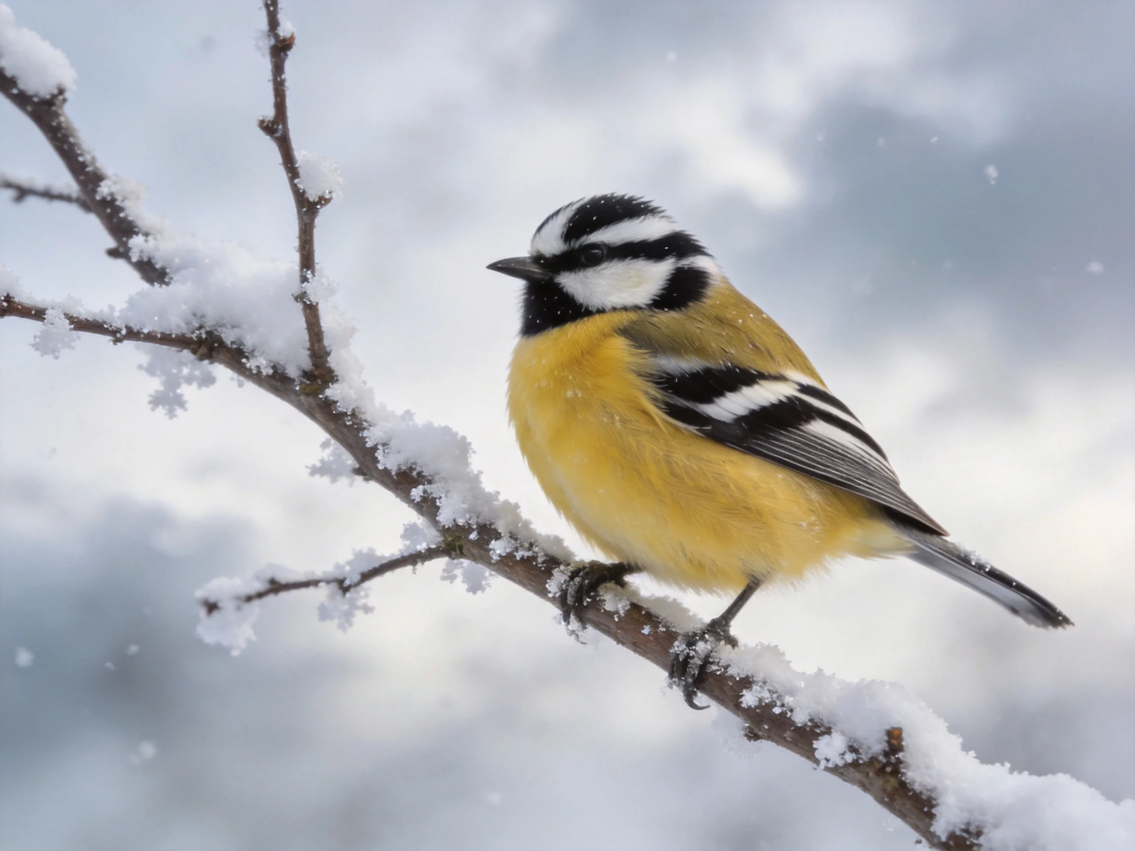 A colorful bird perched on a snow-dusted tree branch