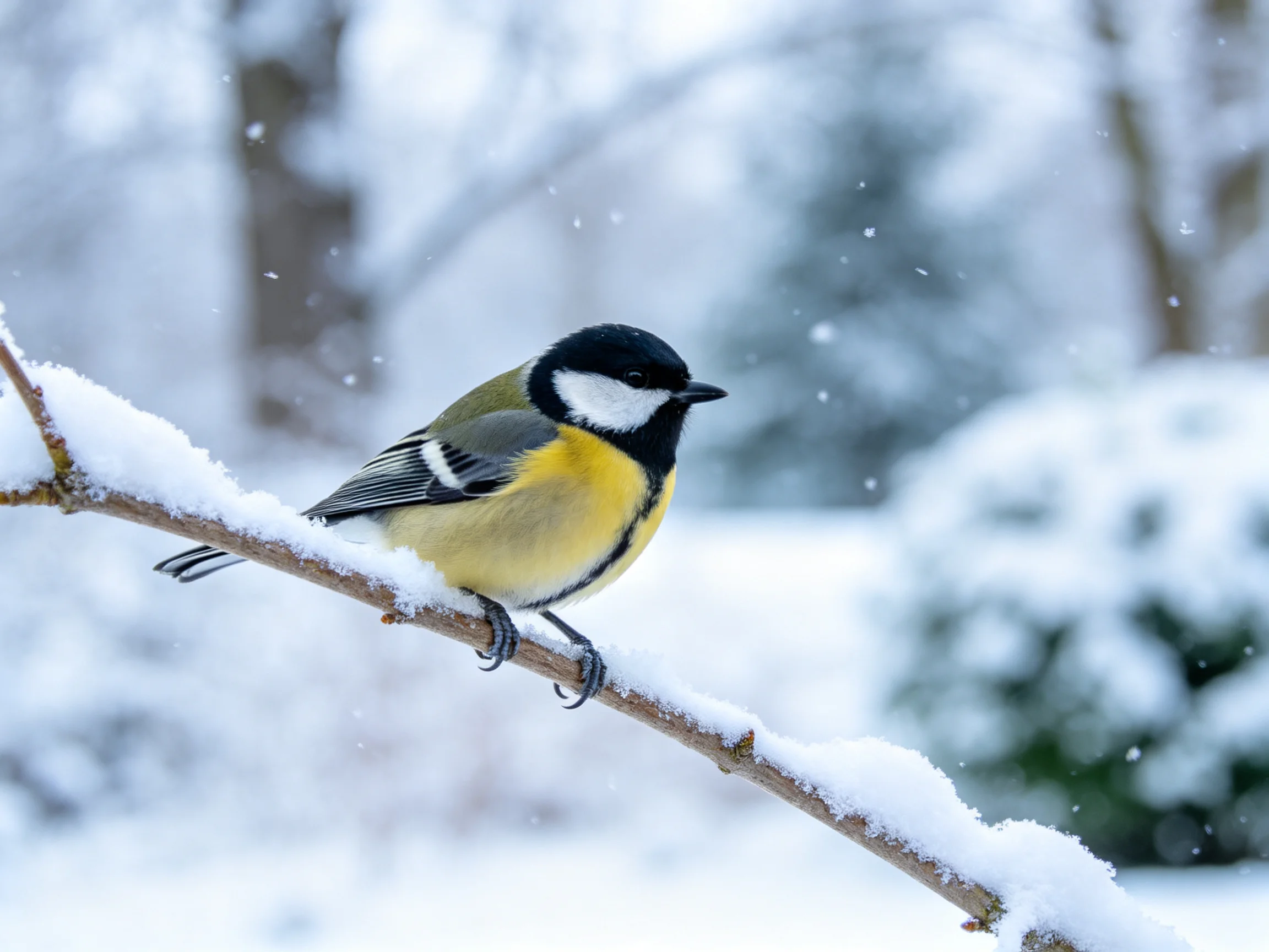 A colorful bird perched on a snow-laden branch in winter