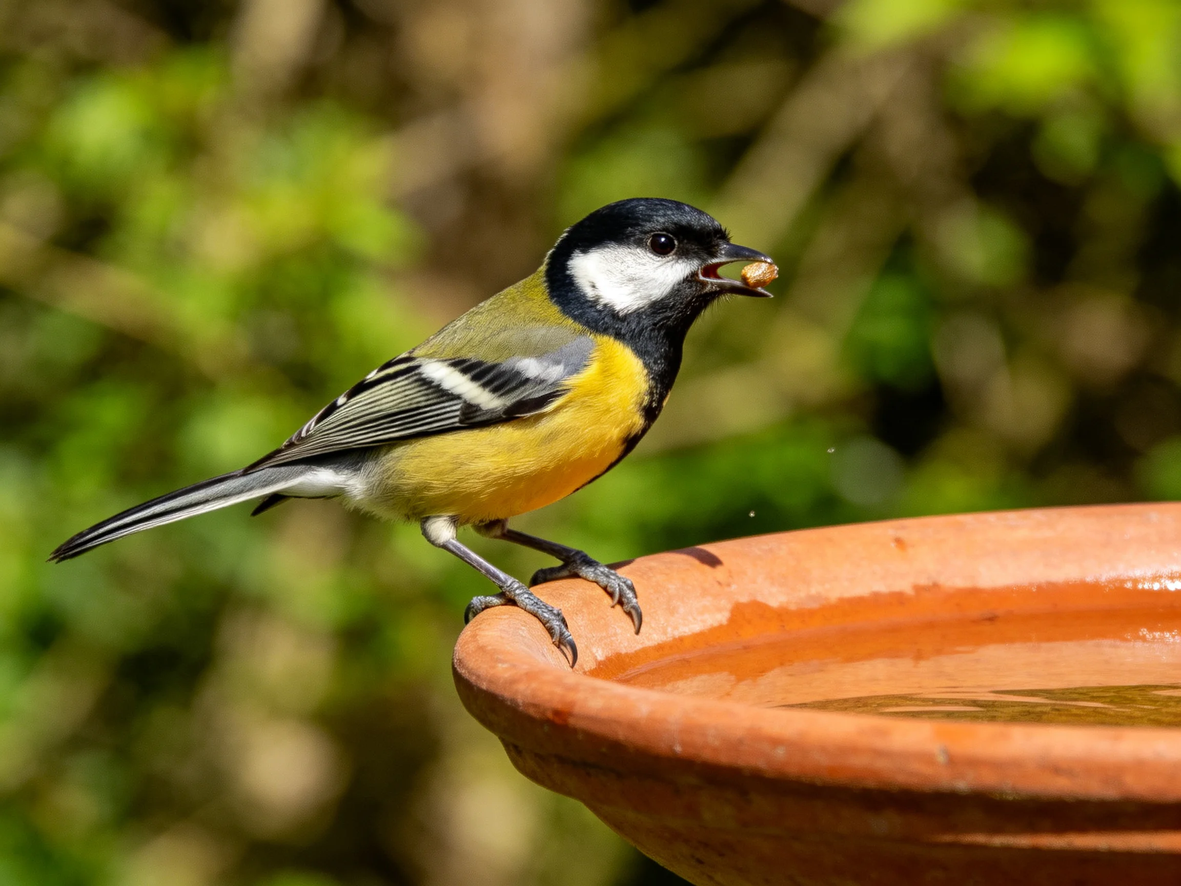 A colorful bird perched on a terracotta birdbath with food