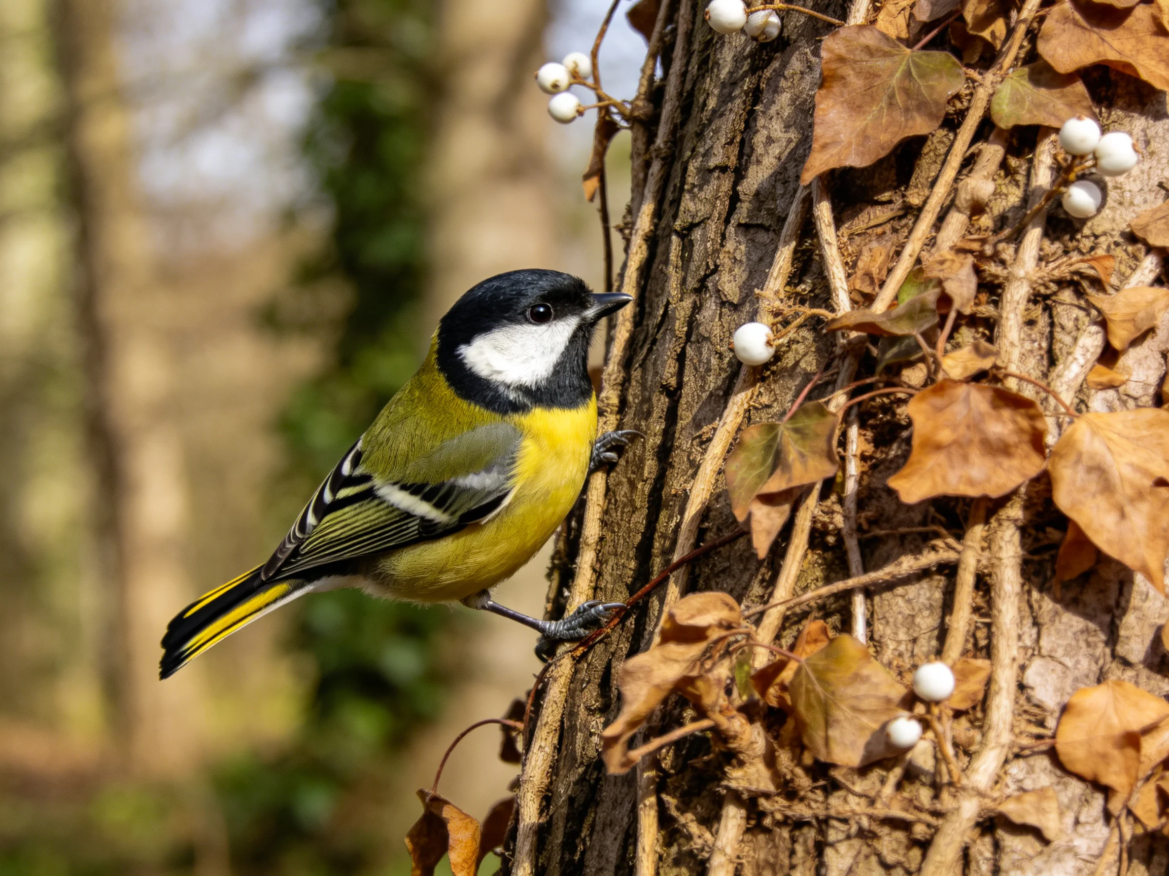 A colorful bird perched on a tree trunk with brown foliage and white berries