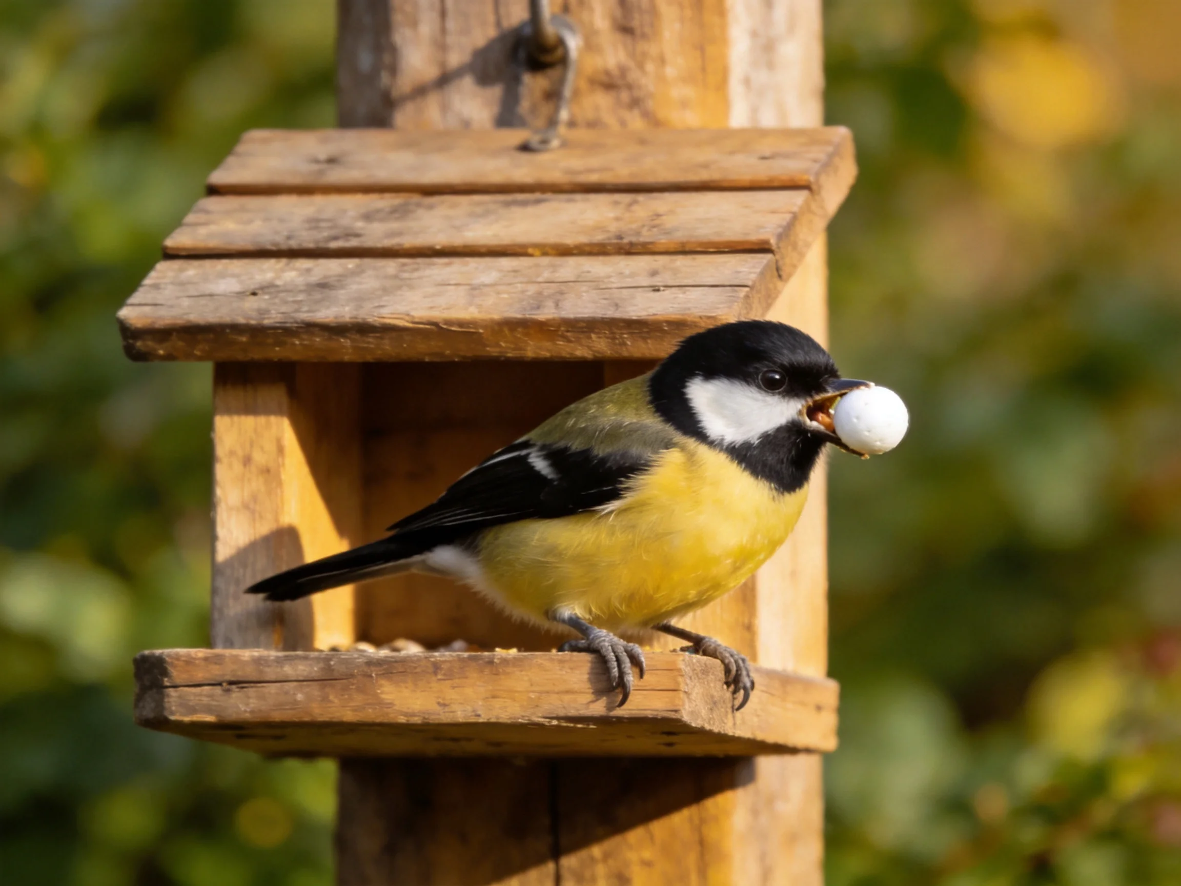 A colorful bird holds food while on a wooden feeder.