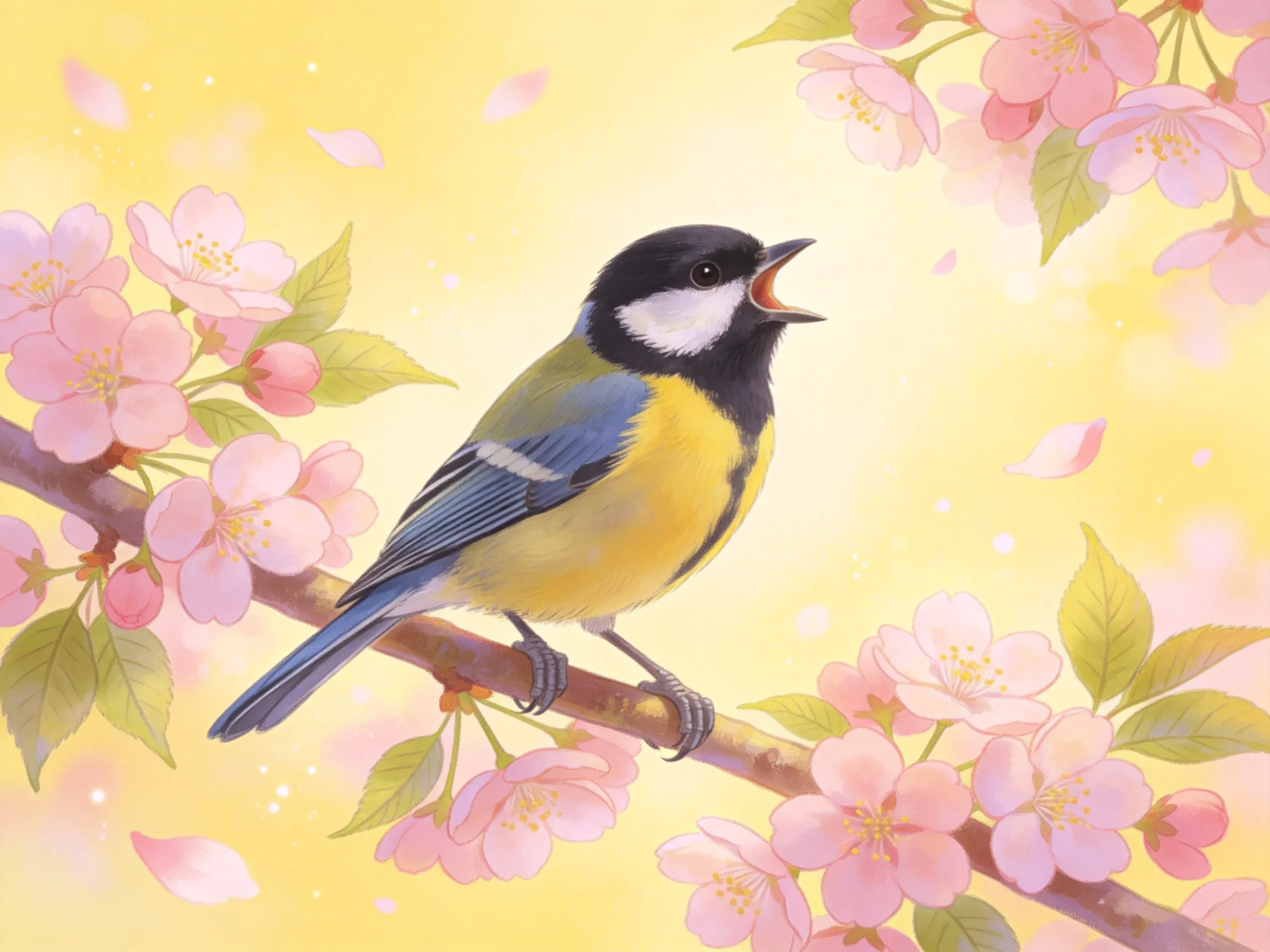 A colorful bird perches amid delicate pink cherry blossom branches
