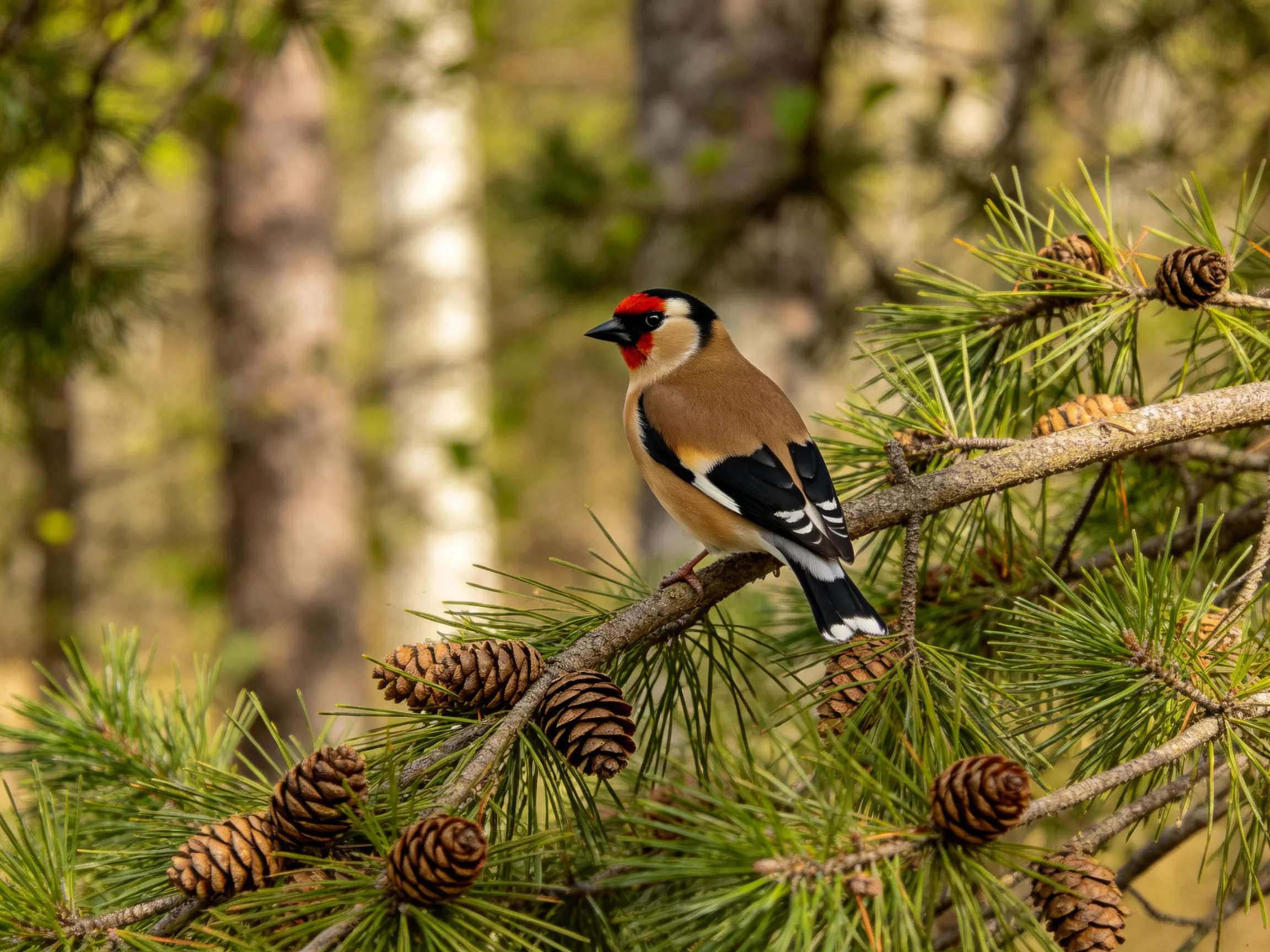 A colorful bird perches among pine branches and cones