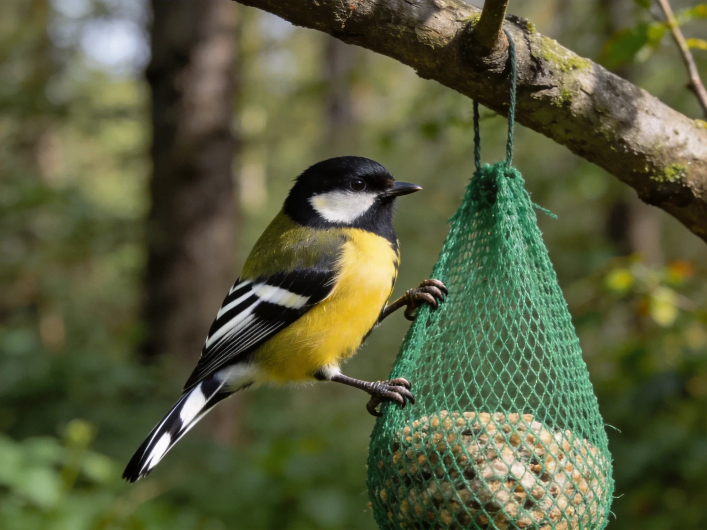 A colorful bird interacts with a green mesh feeder attached to a tree branch.