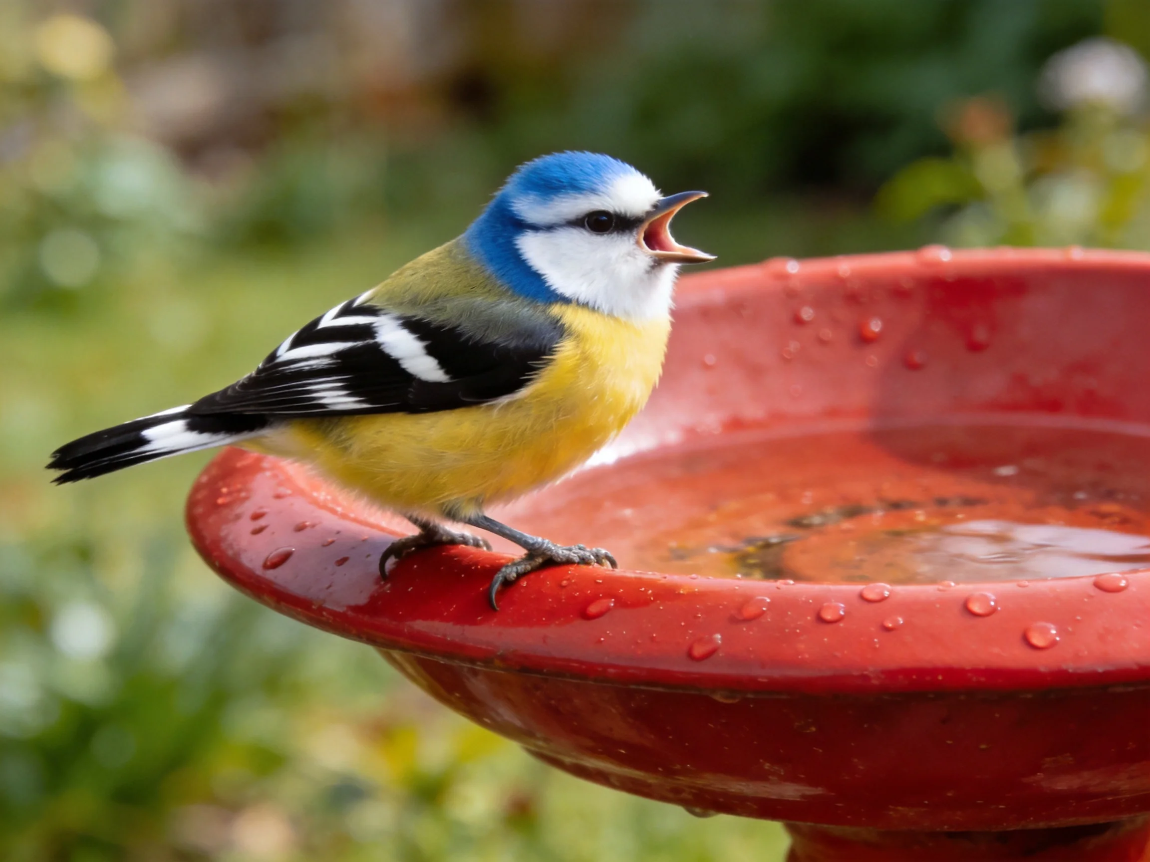 A colorful bird perches on a red birdbath with water droplets