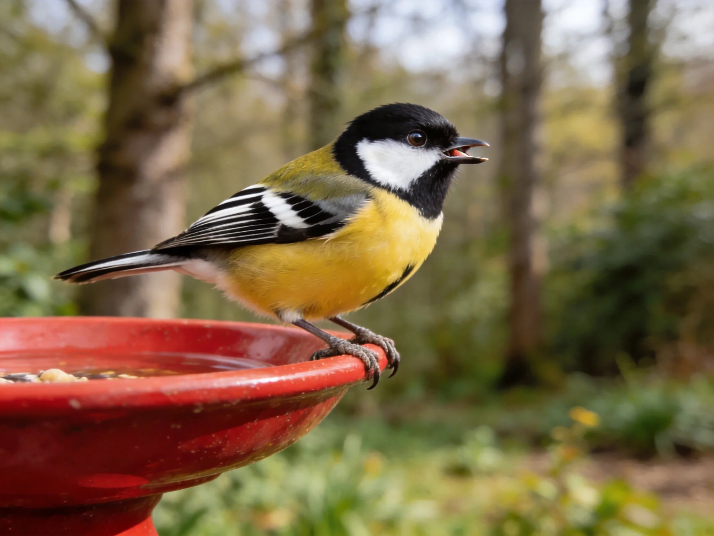 A colorful bird perches on a red feeder near trees