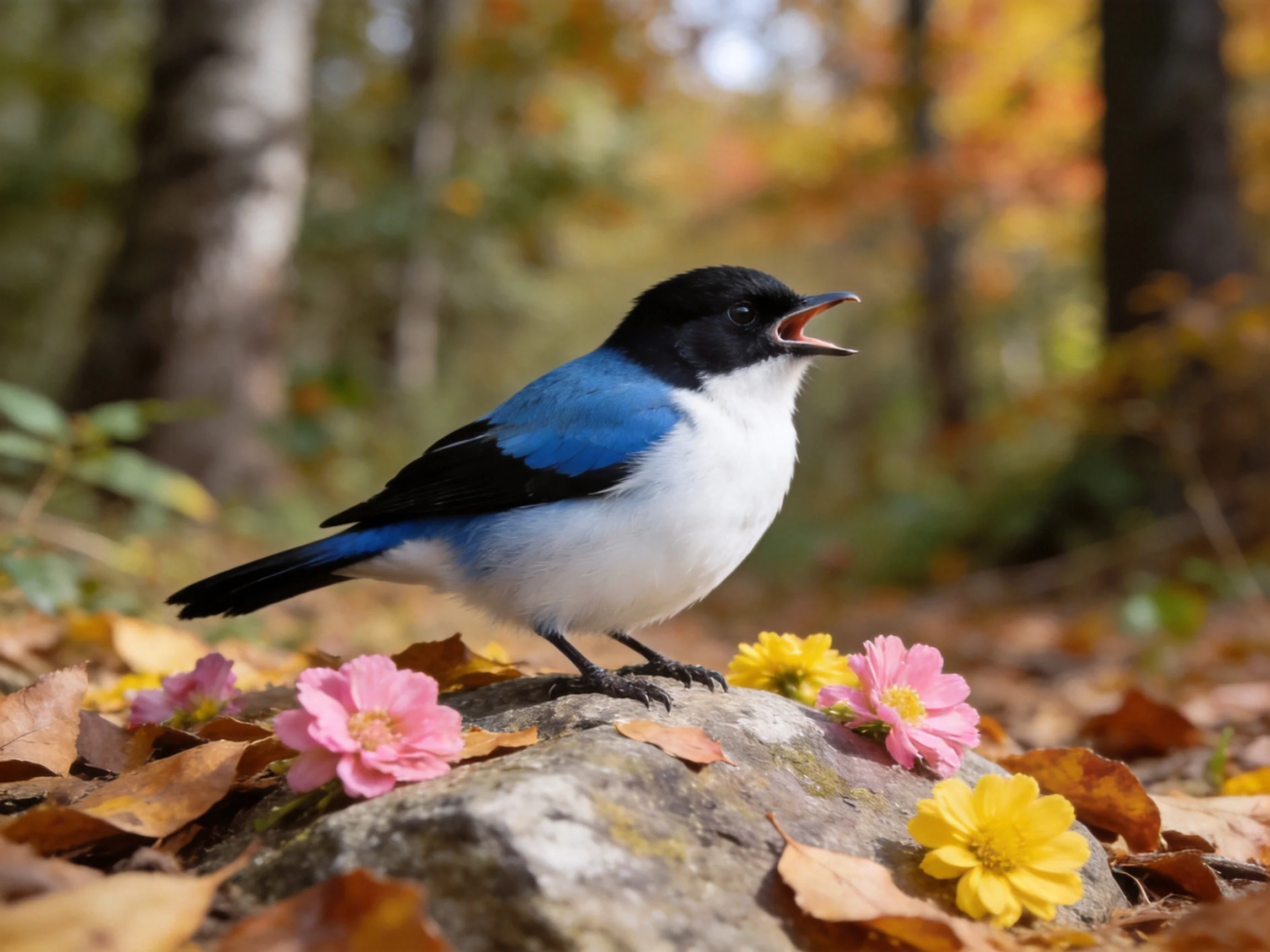 A colorful bird perches on a rock near pink, yellow flowers and autumn leaves