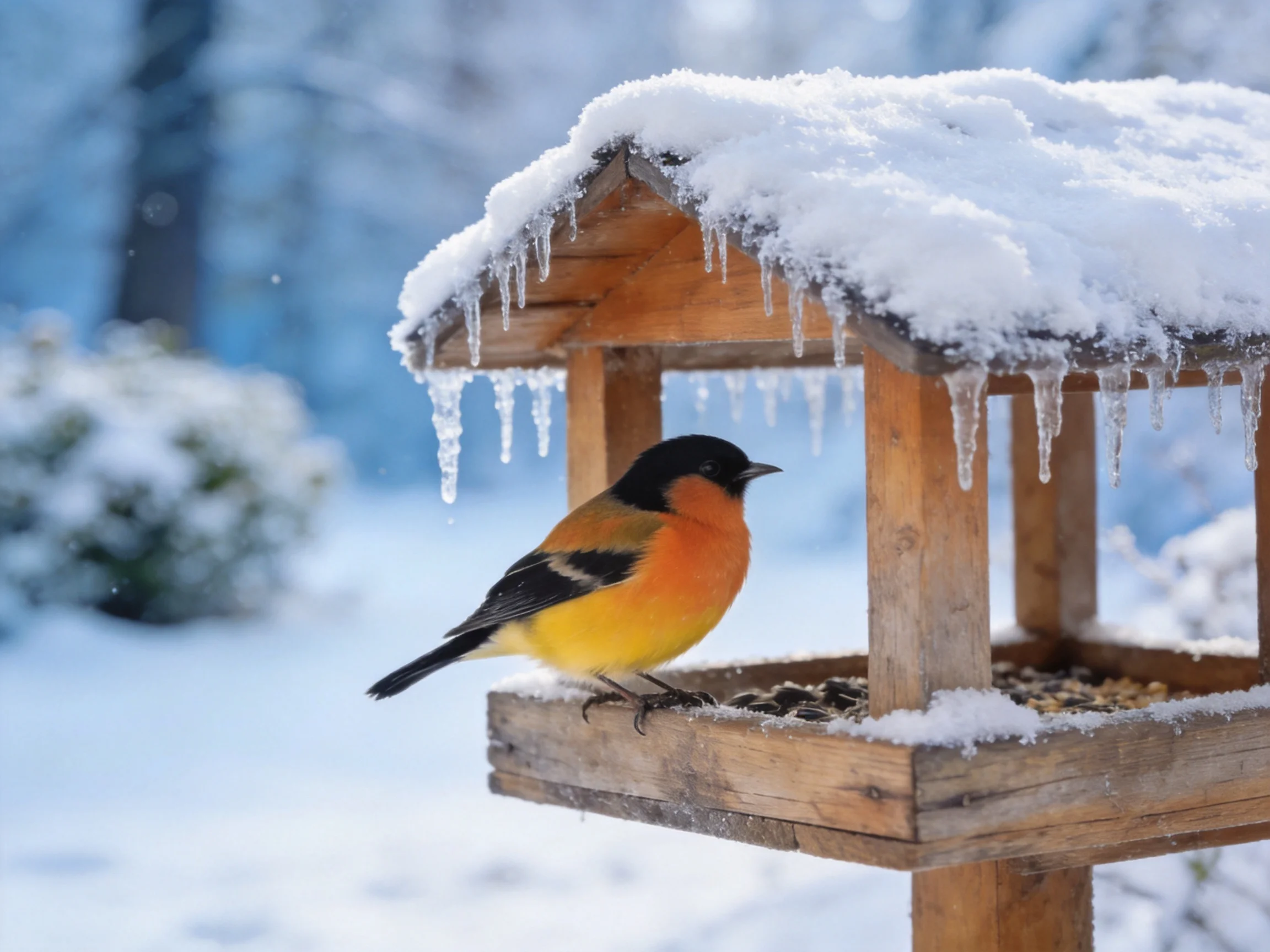 A colorful bird perches on a snow-covered wooden bird feeder with icicles