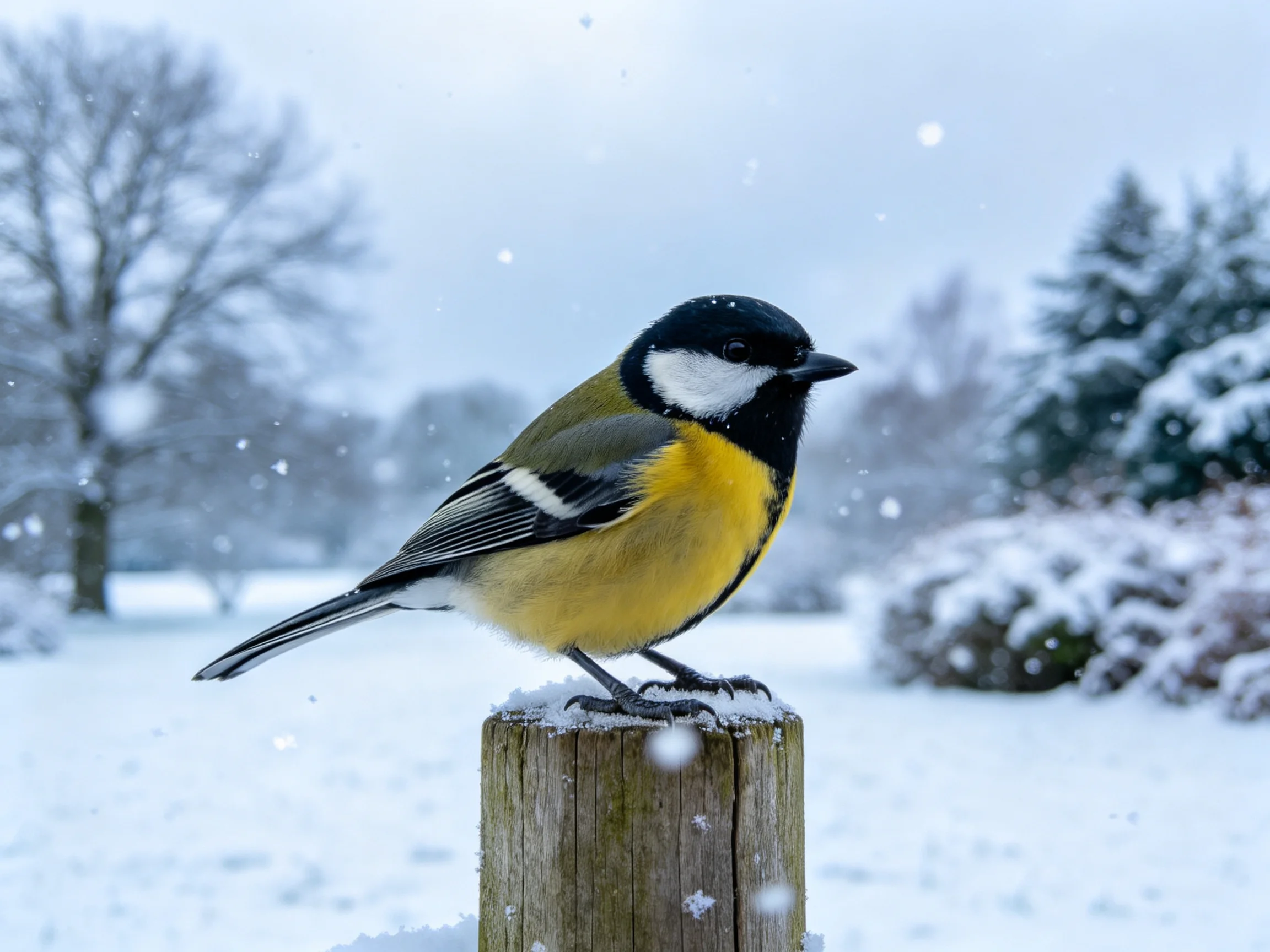A colorful bird perches on a snow-dusted wooden post amid falling snowflakes