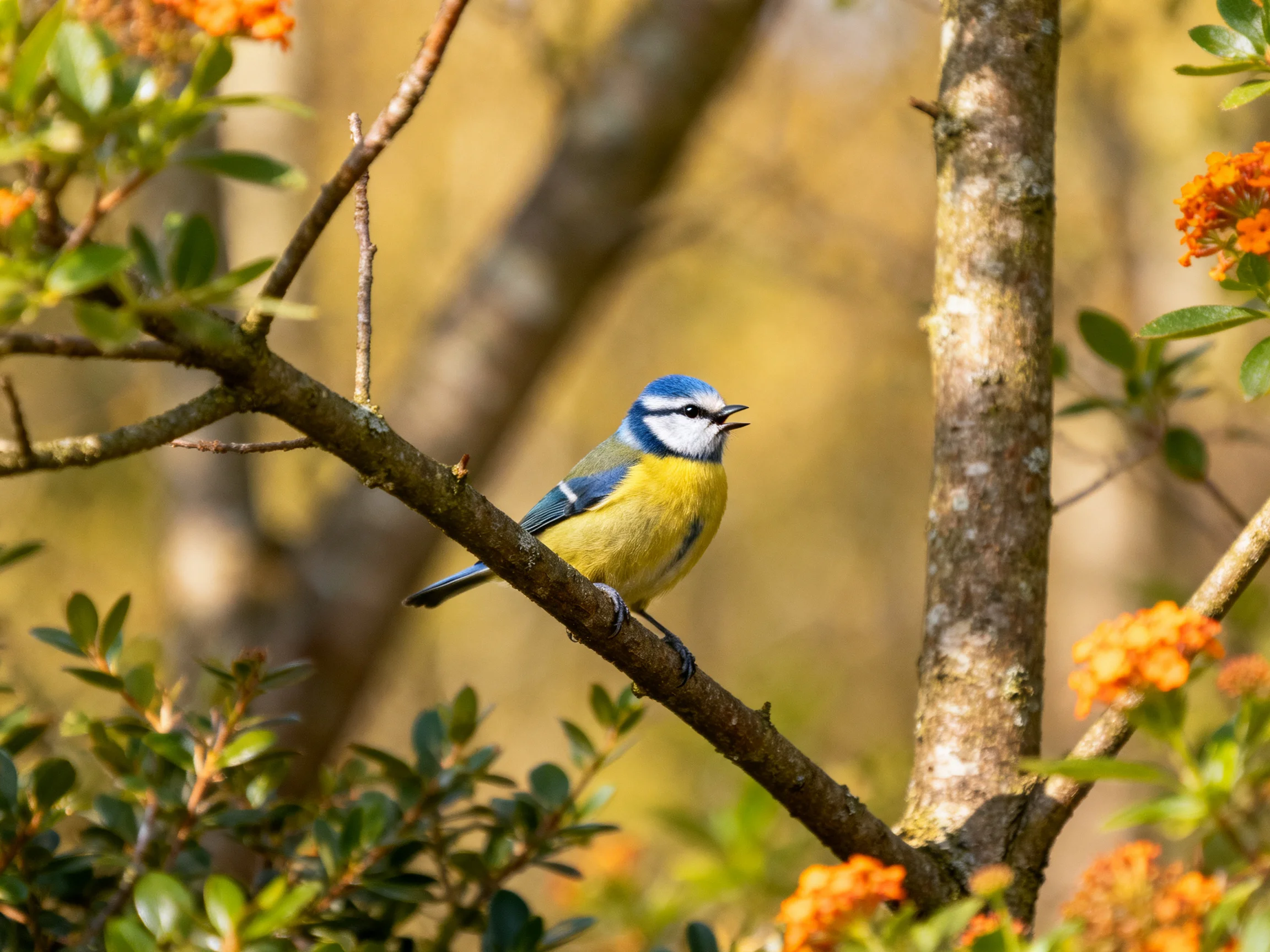 A colorful bird perches on a tree branch near orange blossoms