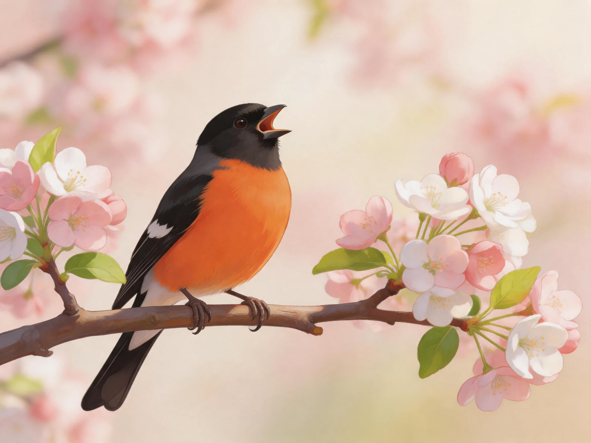 A colorful bird perches on flowering branch with pink and white blooms