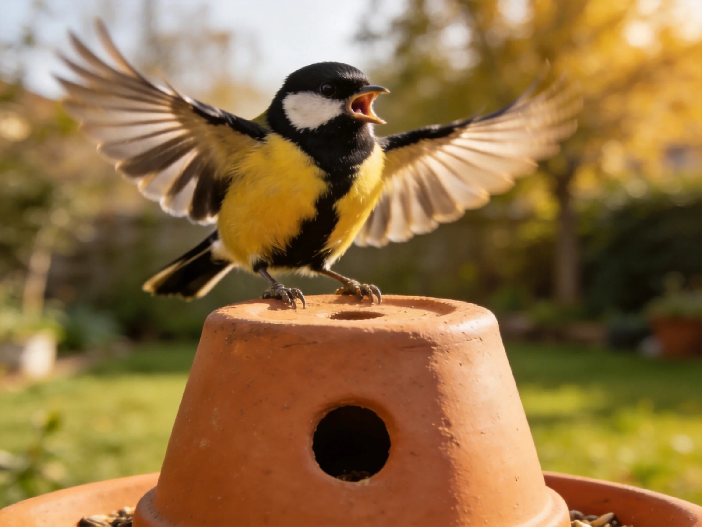A colorful bird spreads wings on a terracotta feeder in sunlight