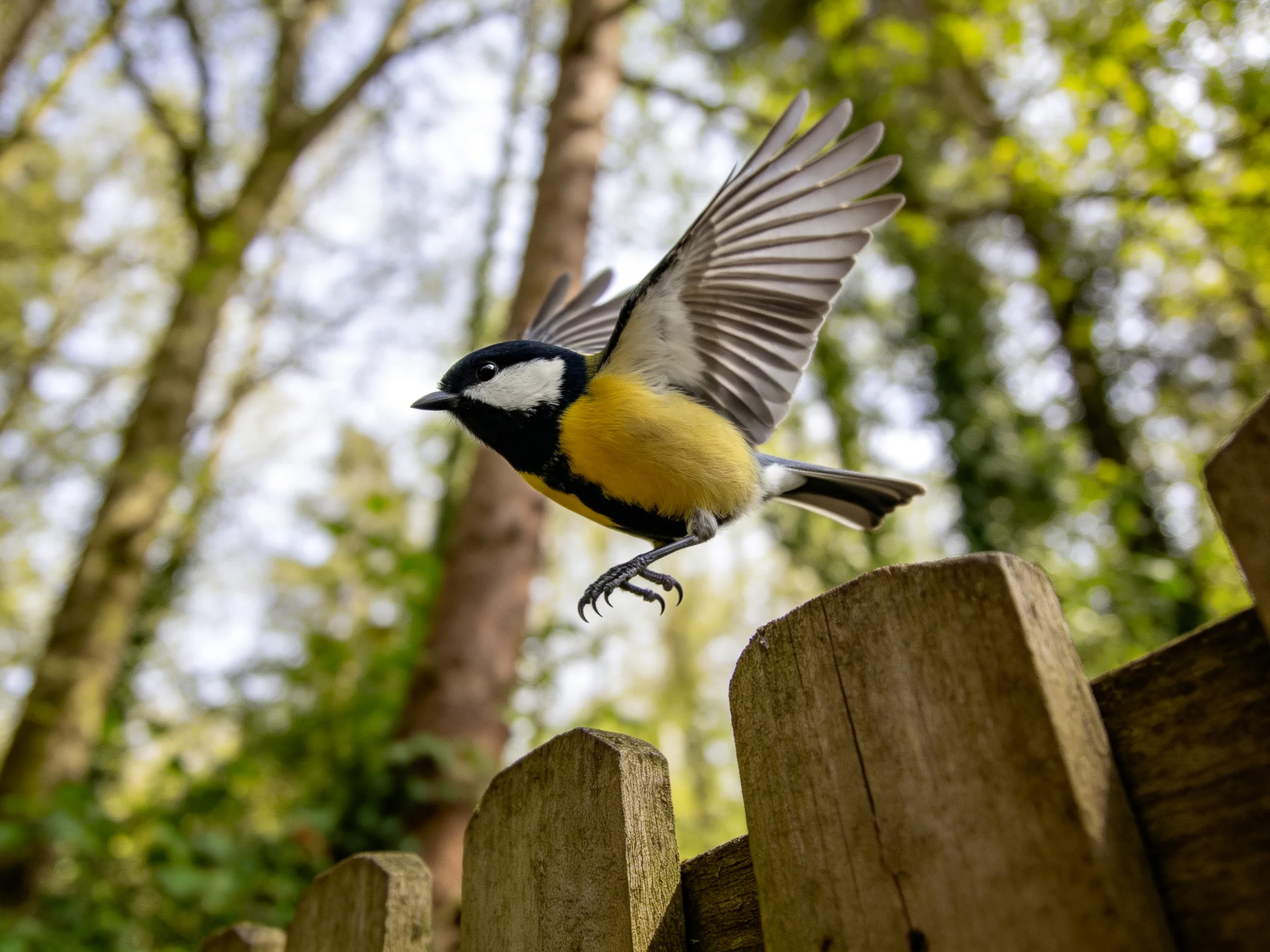 A colorful bird takes flight from a wooden fence amid lush green trees