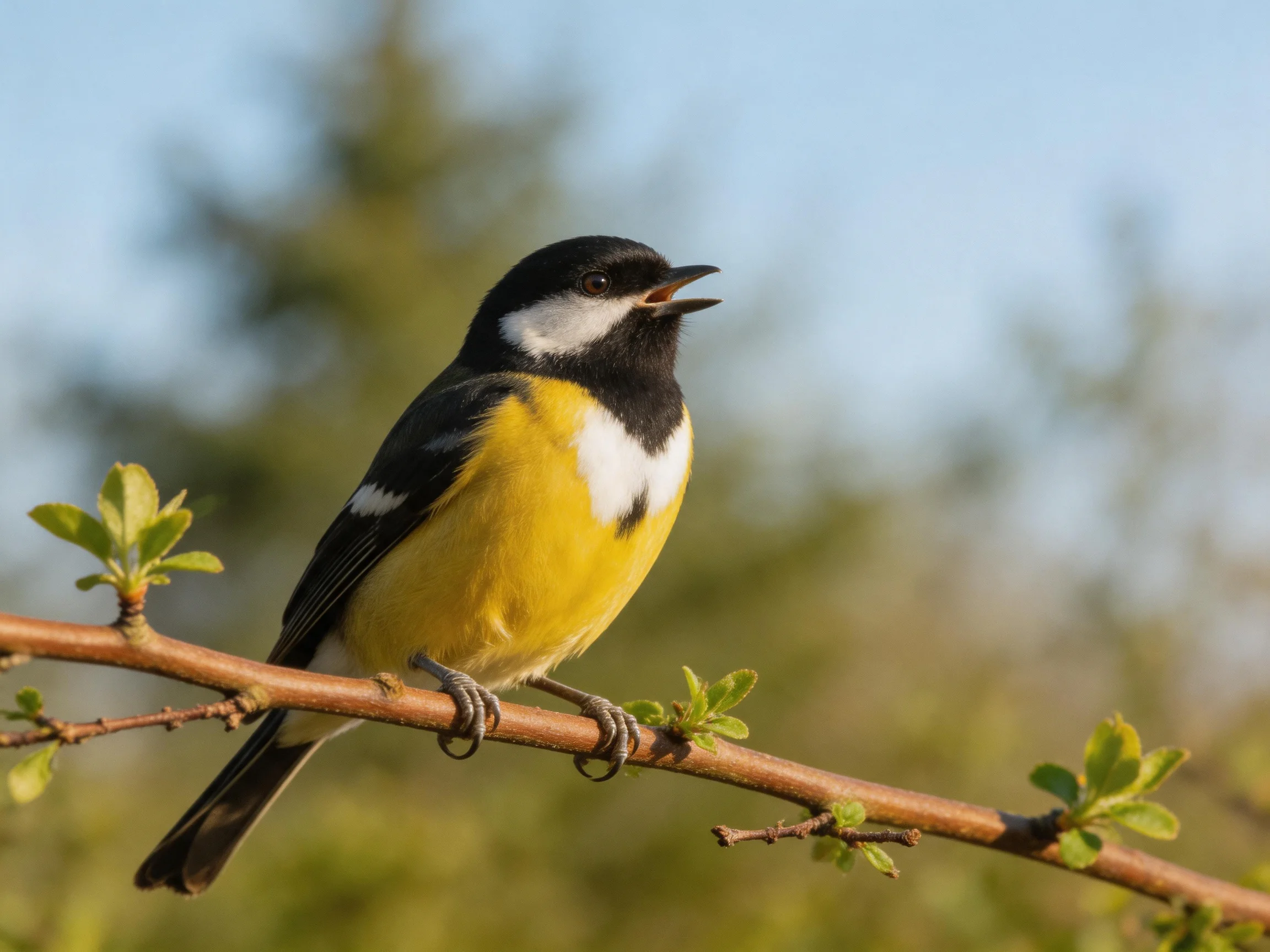 A colorful bird with black, white, and yellow plumage perched on a branch