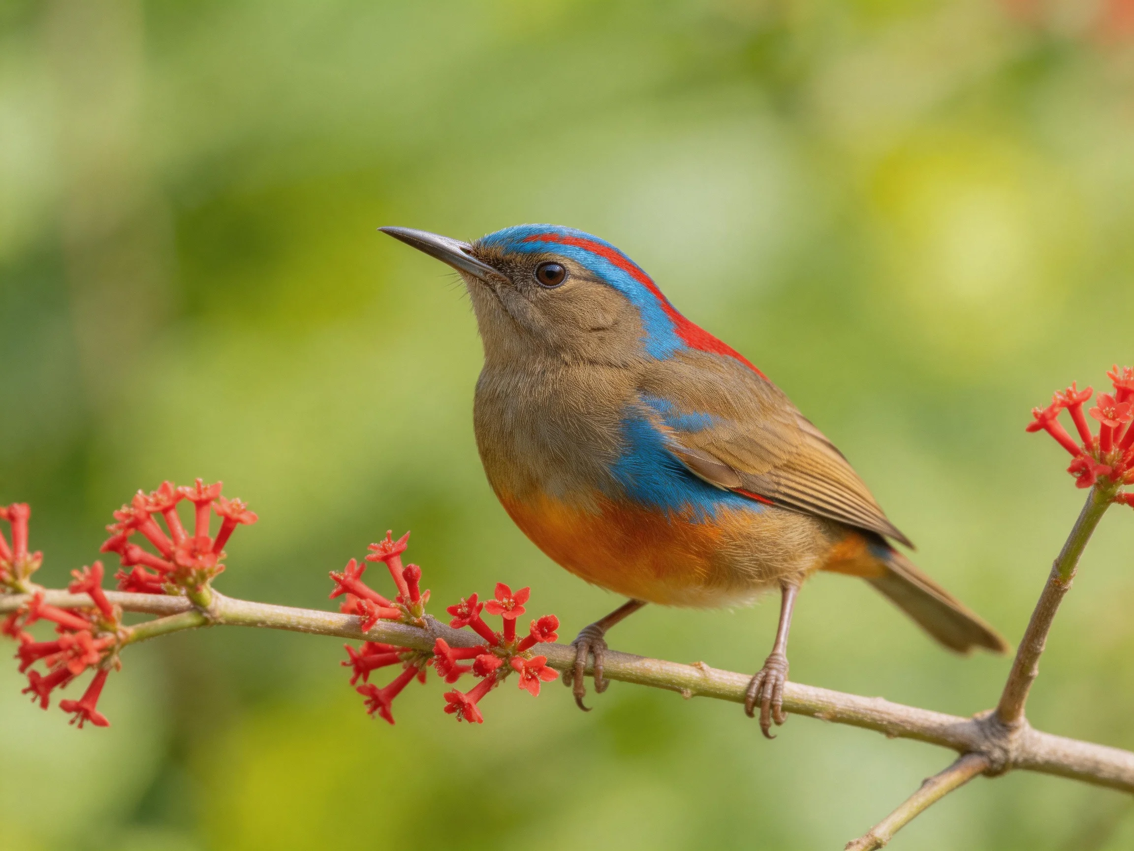 A bird with blue-red plumage sits on a branch with red blossoms.