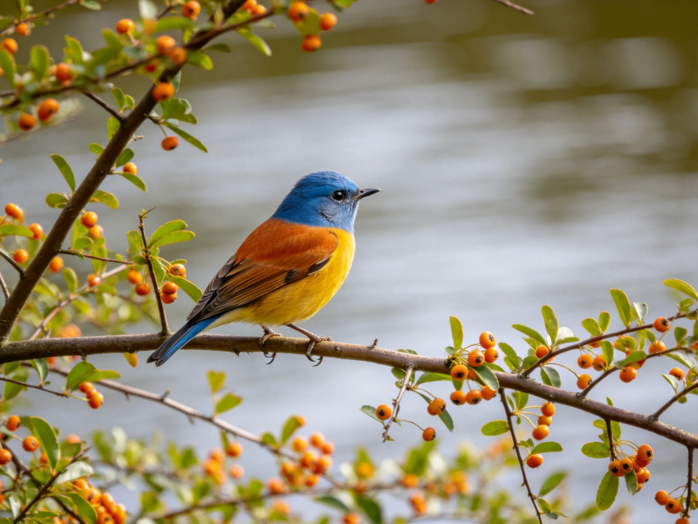 A colorful bird with blue head, orange wings, yellow underparts perches on berry-laden branch