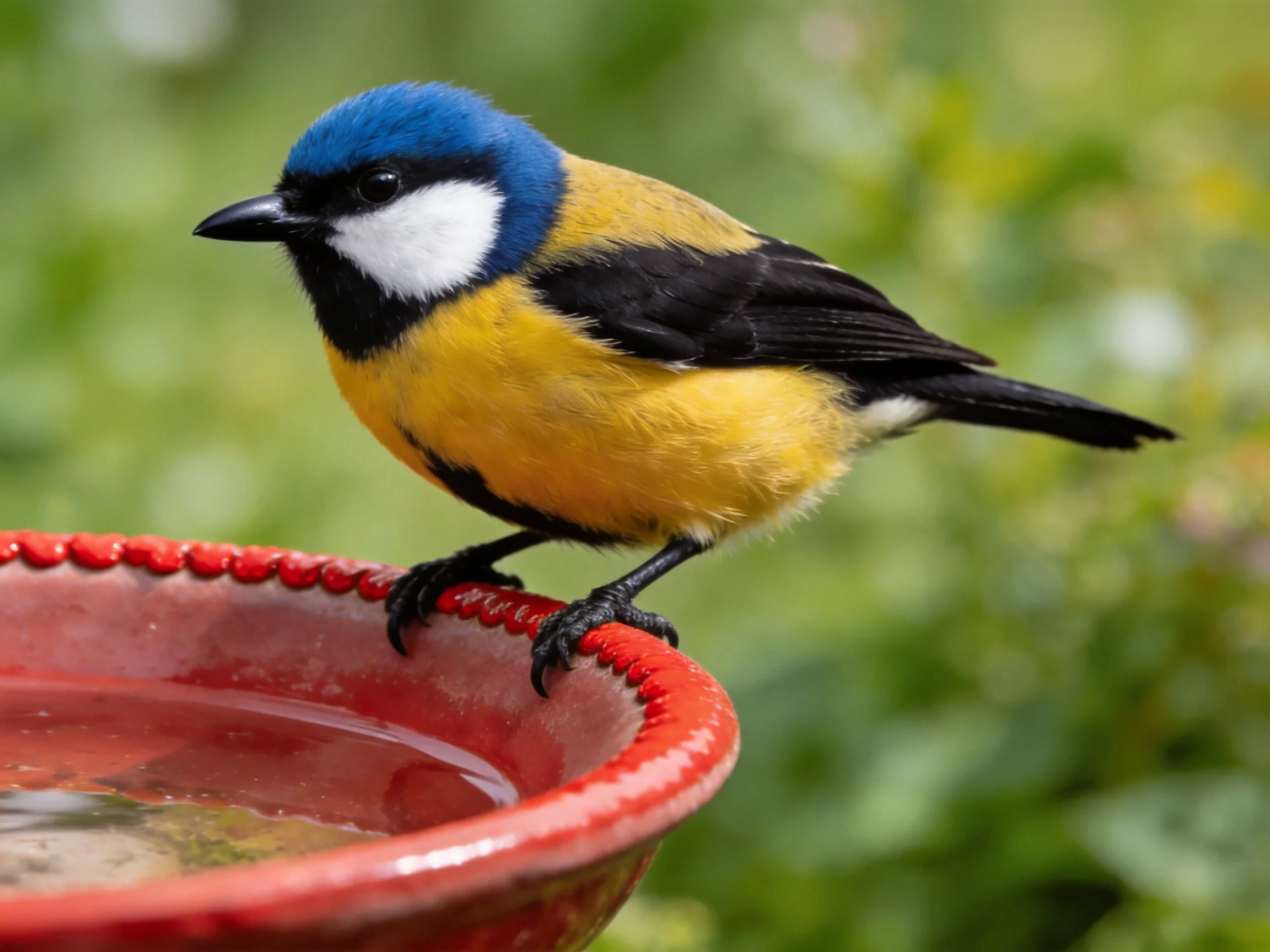 A colorful bird with blue head, yellow chest, black wings perches on red feeder
