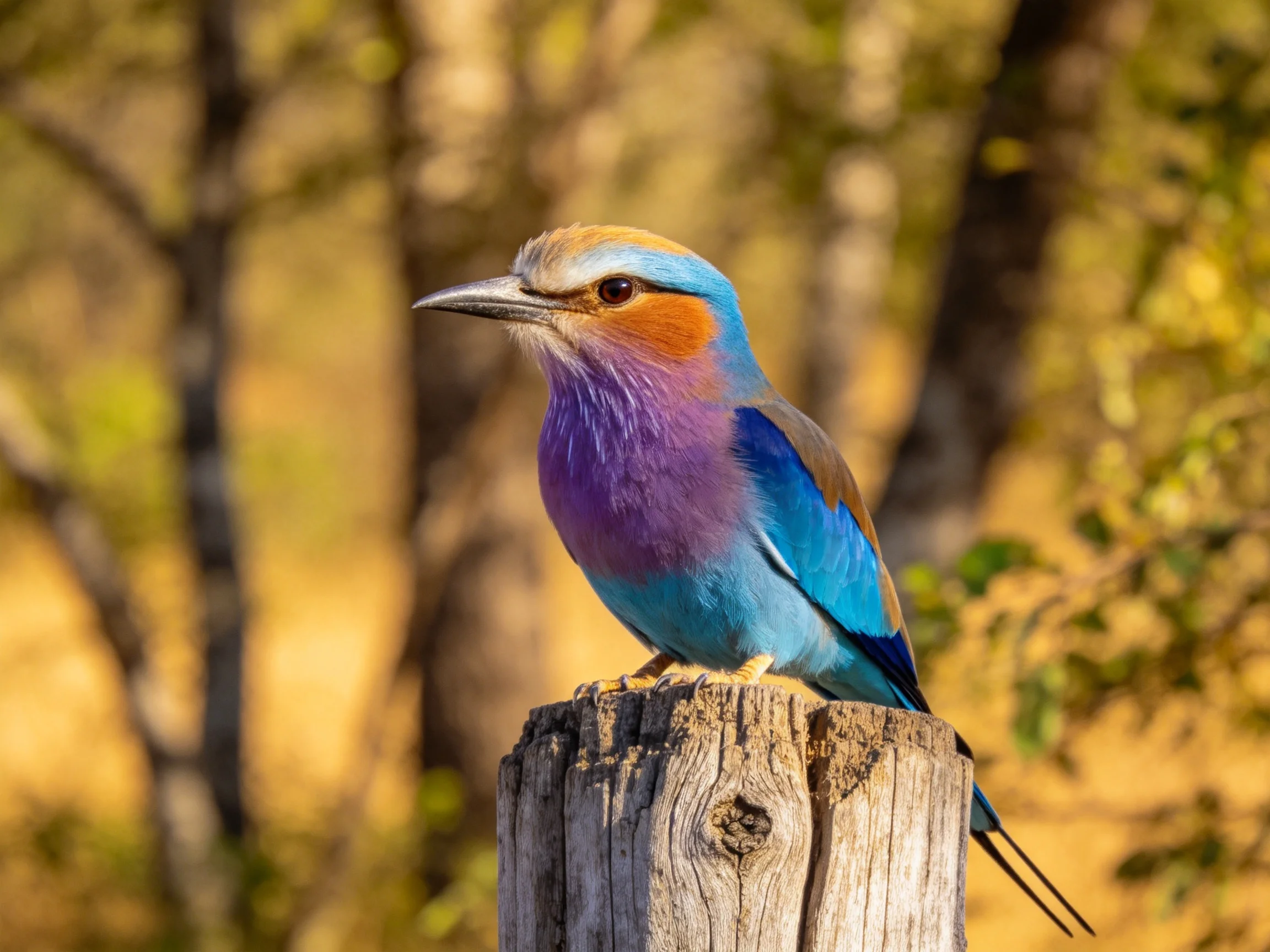 A vibrantly colored bird rests on a weathered wooden post amid a sunlit, blurred natural environment.