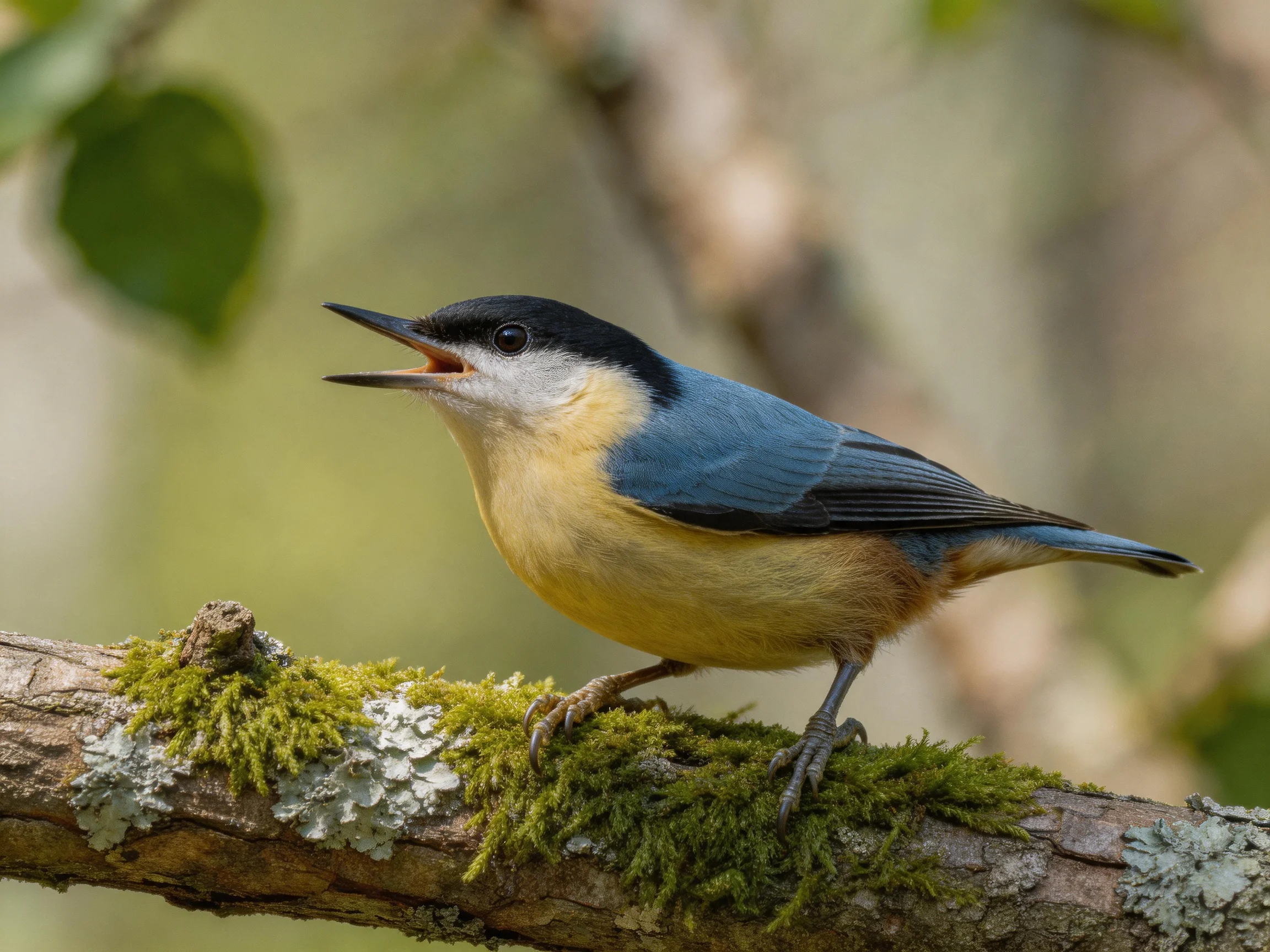 A colorful bird with blue wings perched on a mossy branch
