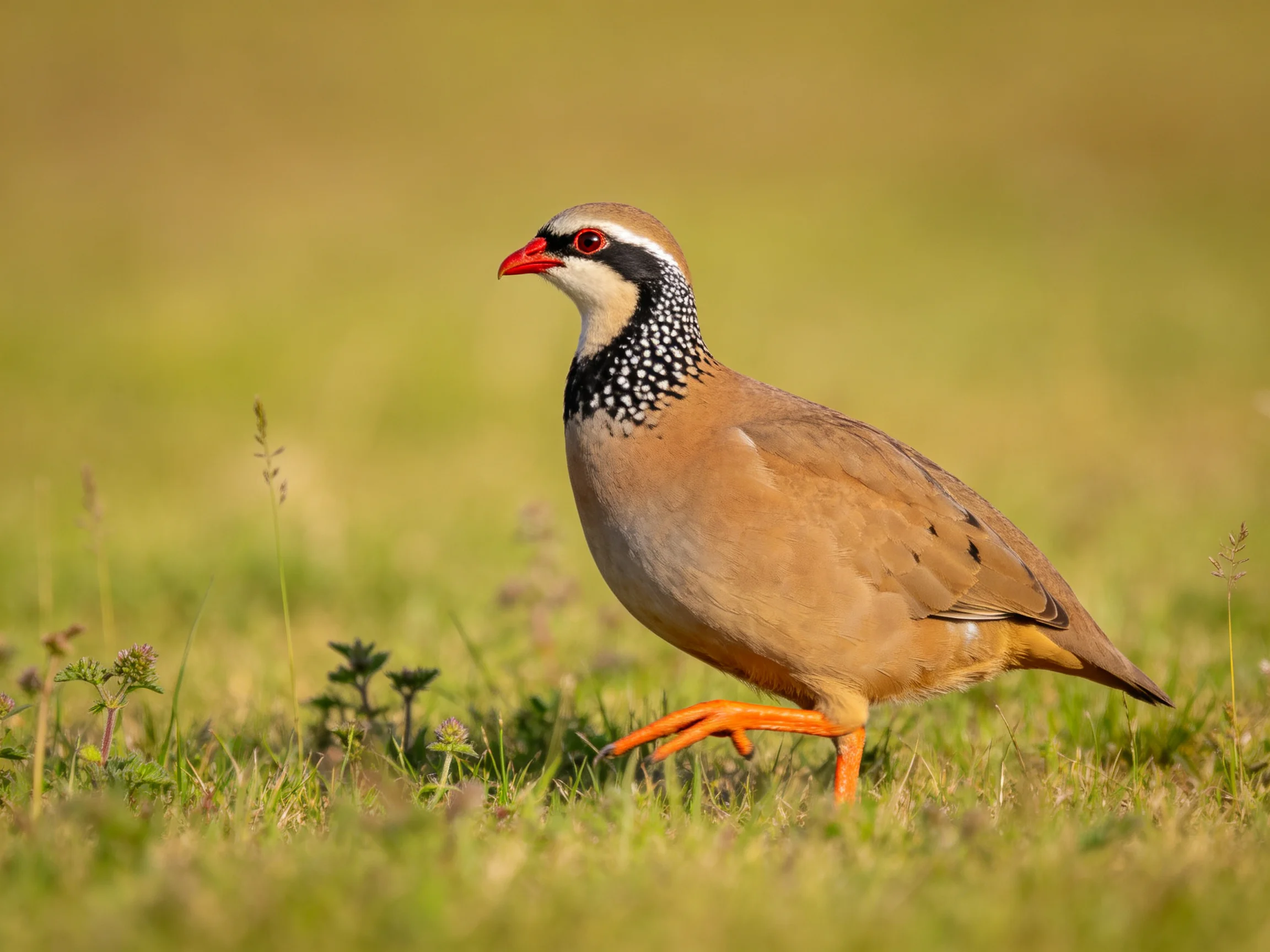 A colorful bird with orange beak walking through green grass