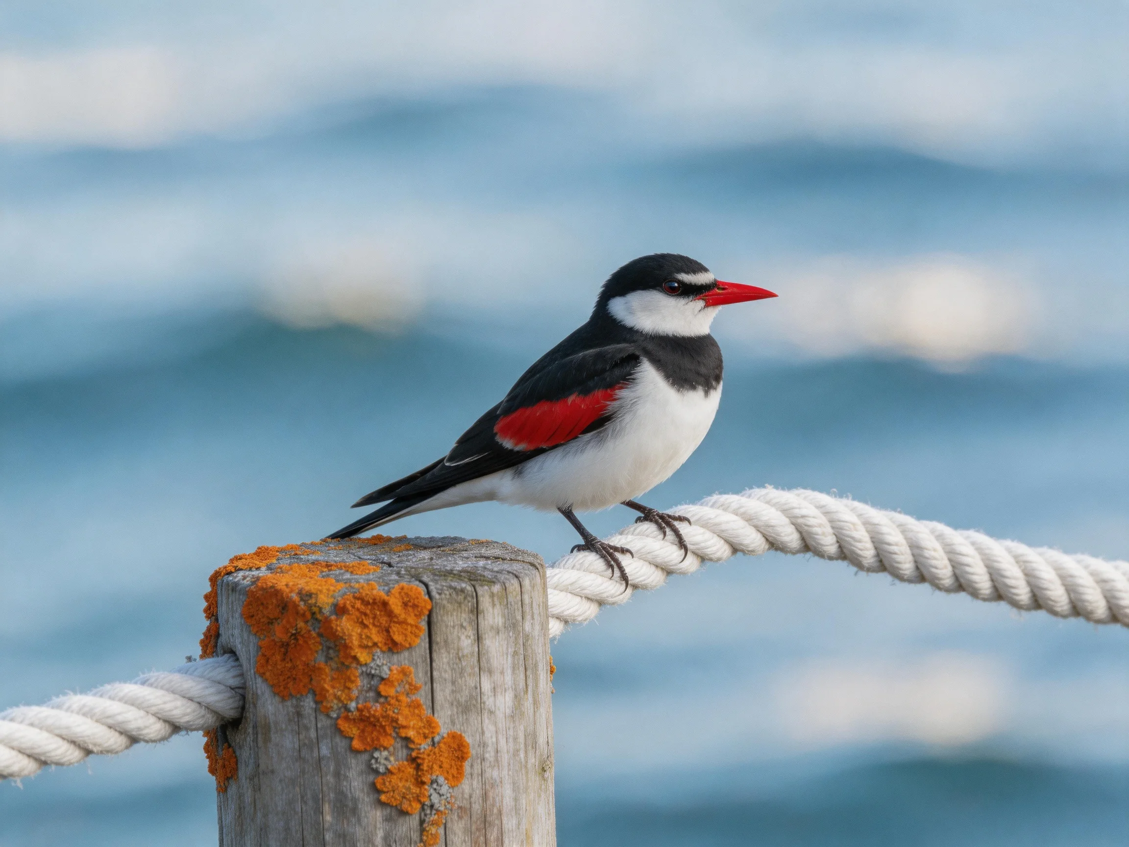 A bird with red beak sits on a wooden post near the ocean.