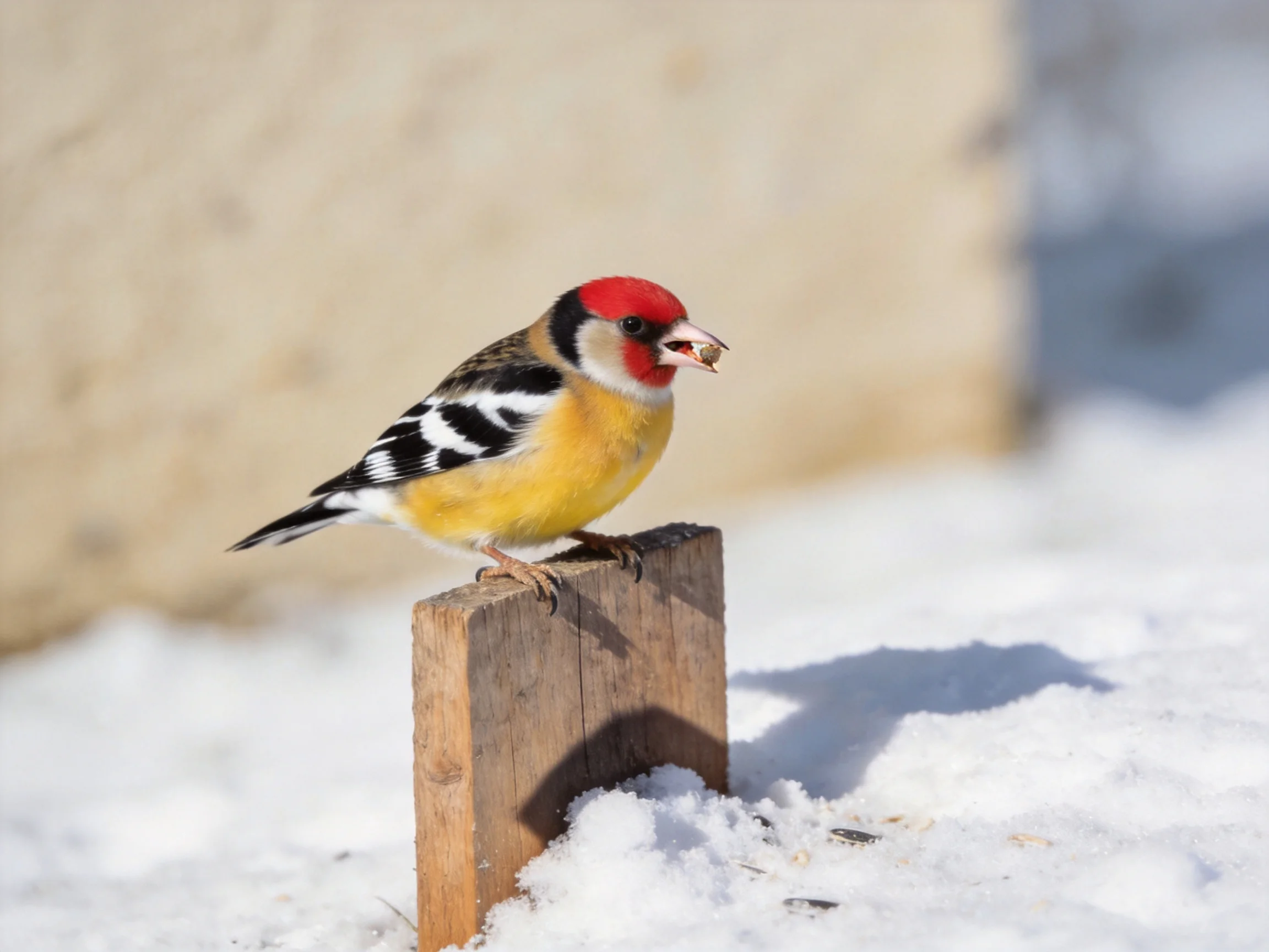 A colorful bird with red head, yellow chest, black-and-white wings perched on wood in snow