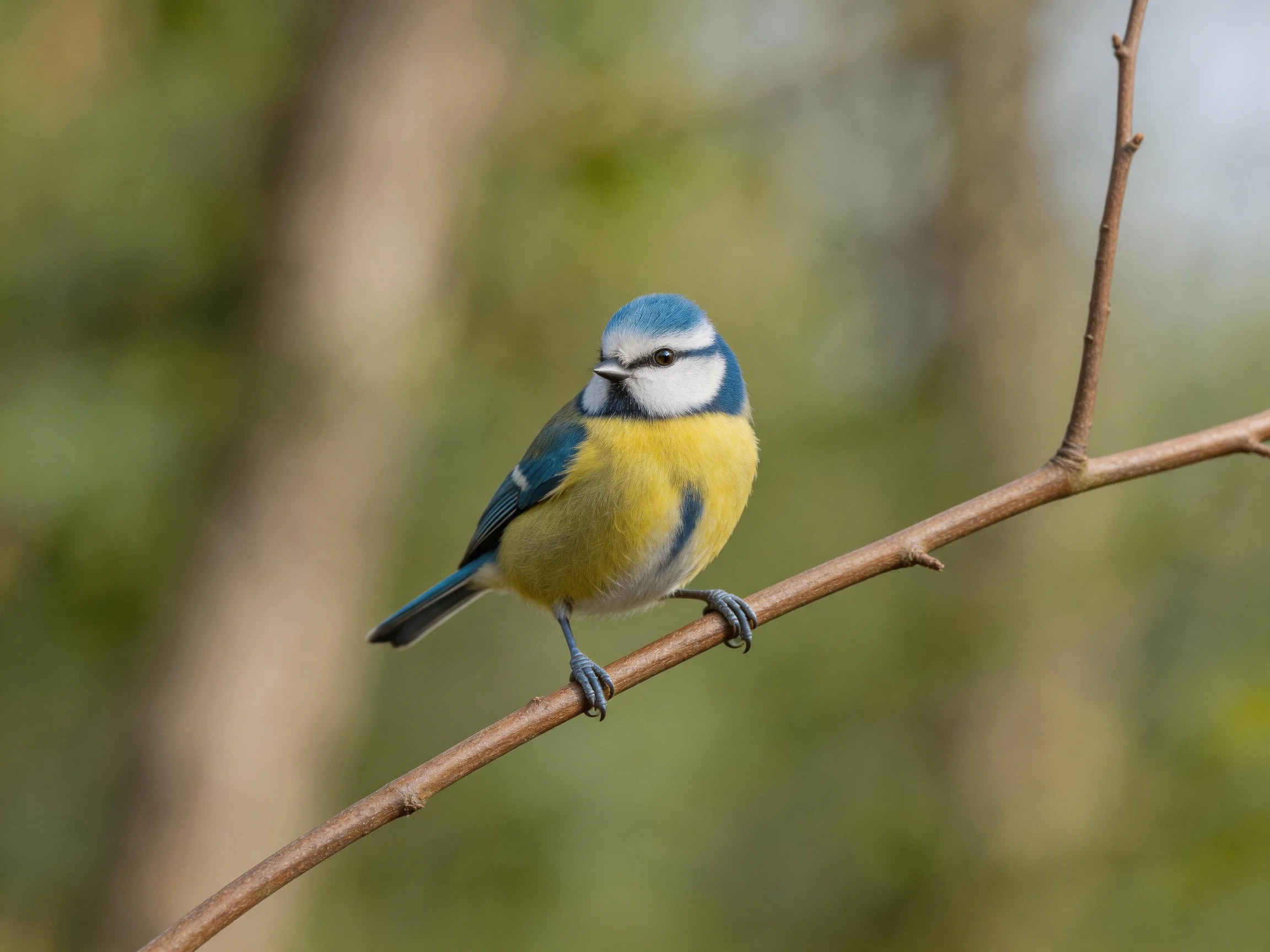 A colorful blue and yellow bird perched on a slender branch