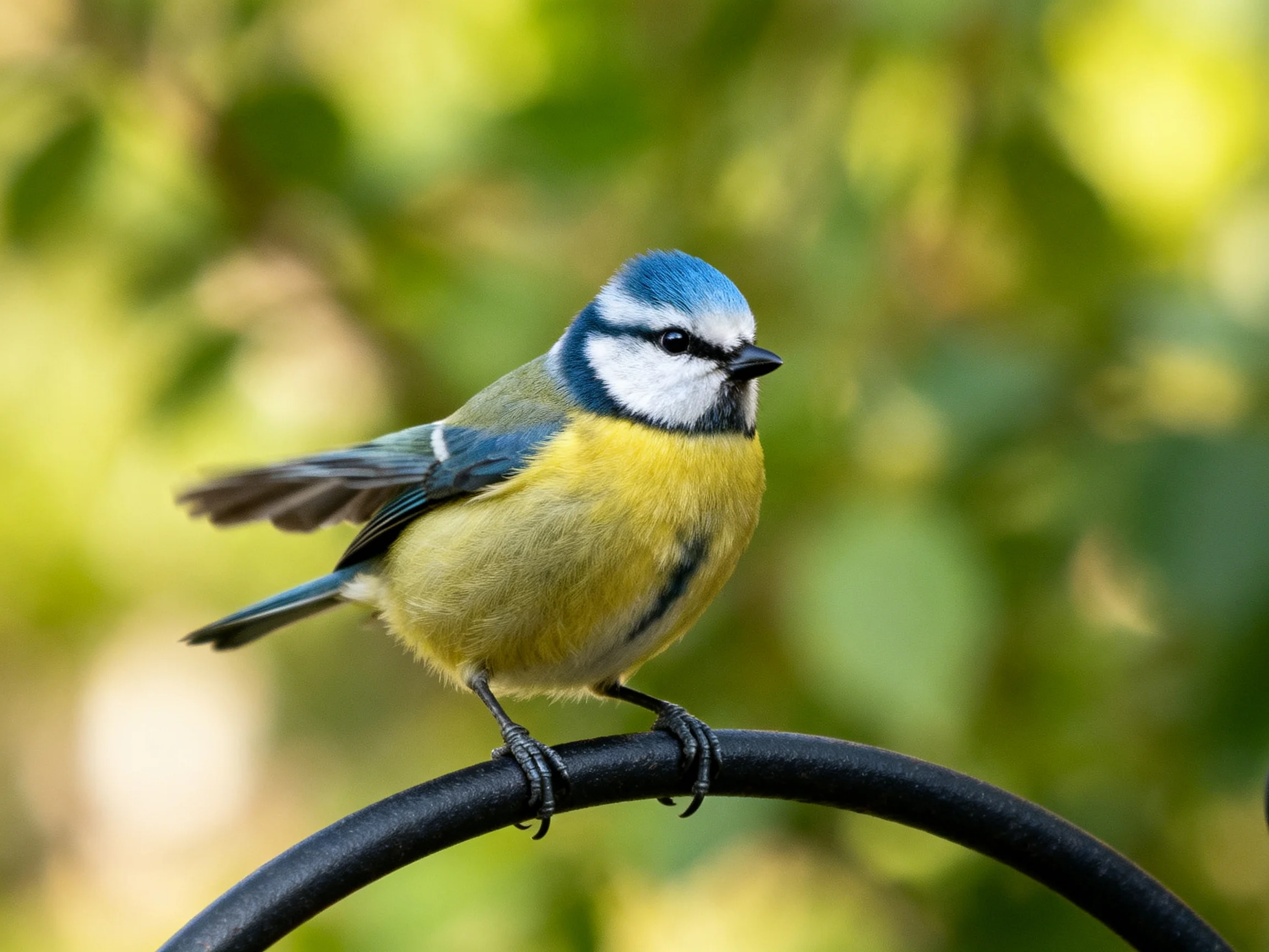 A colorful blue-headed bird perched on a curved black metal bar