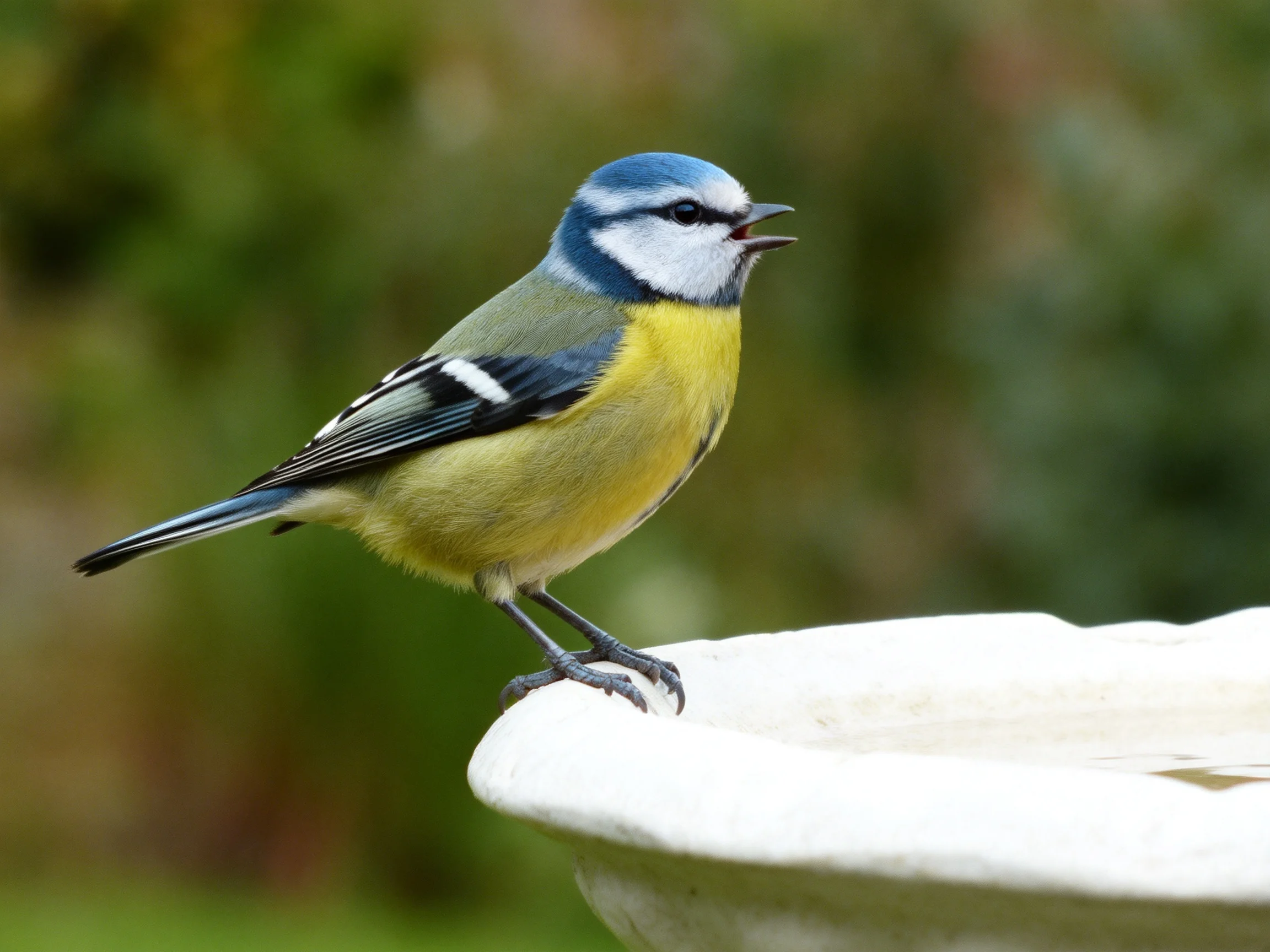 A colorful blue-headed bird perched on a white birdbath