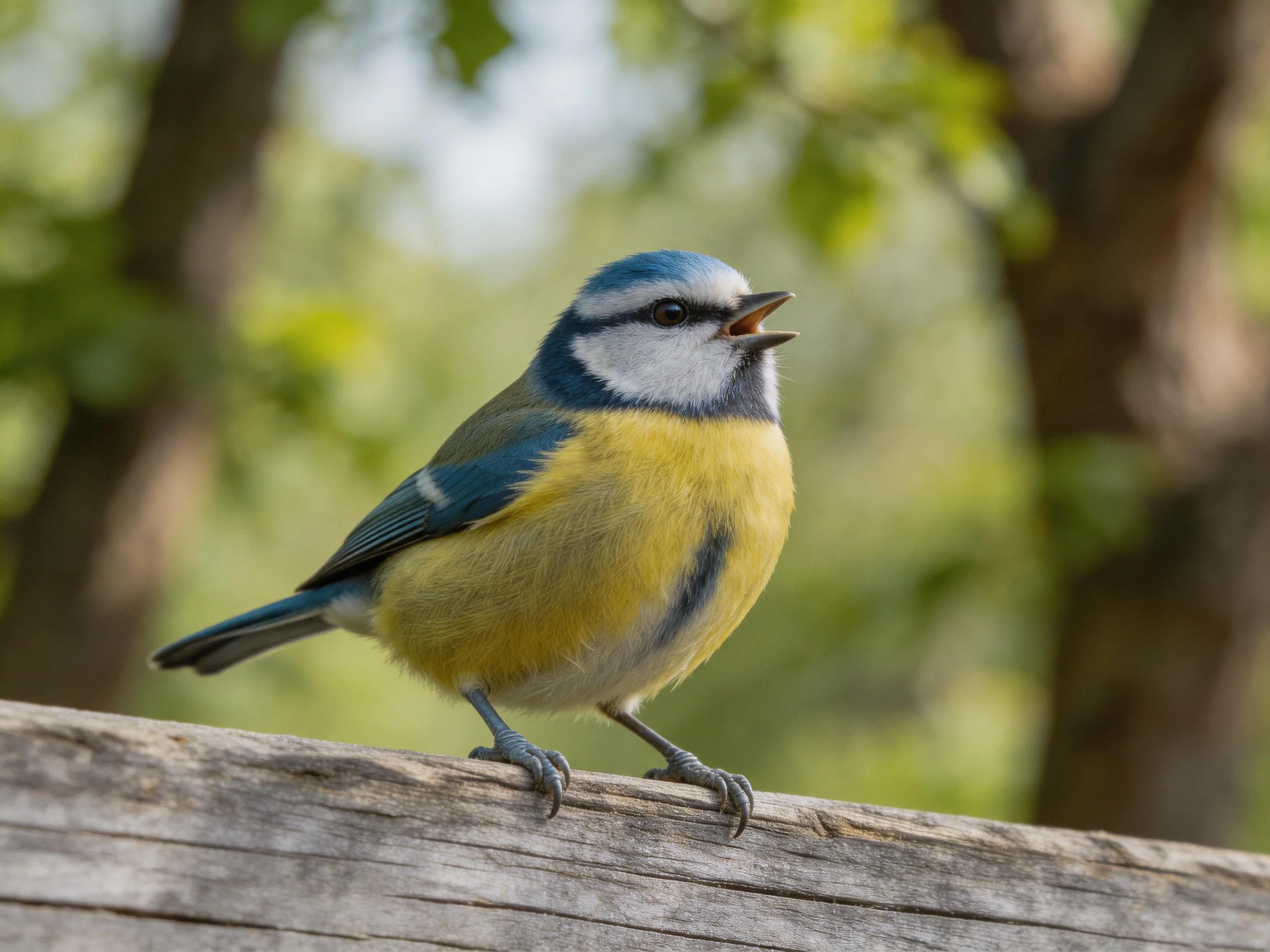 A colorful blue-headed bird perched on weathered wood