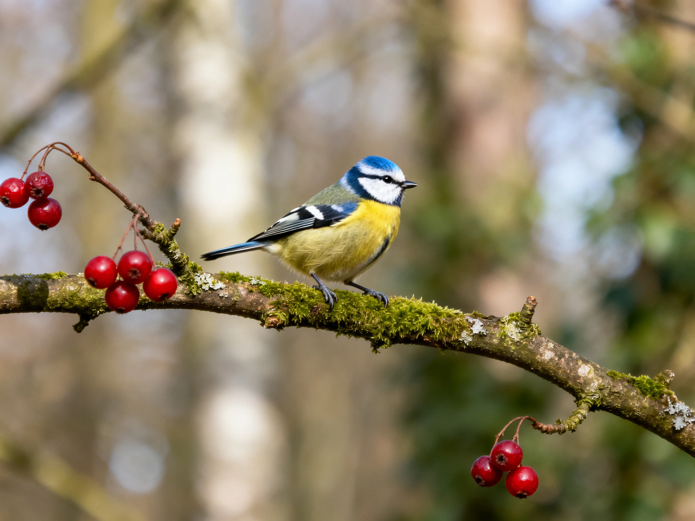 A colorful blue-headed bird perches on a mossy branch with red berries