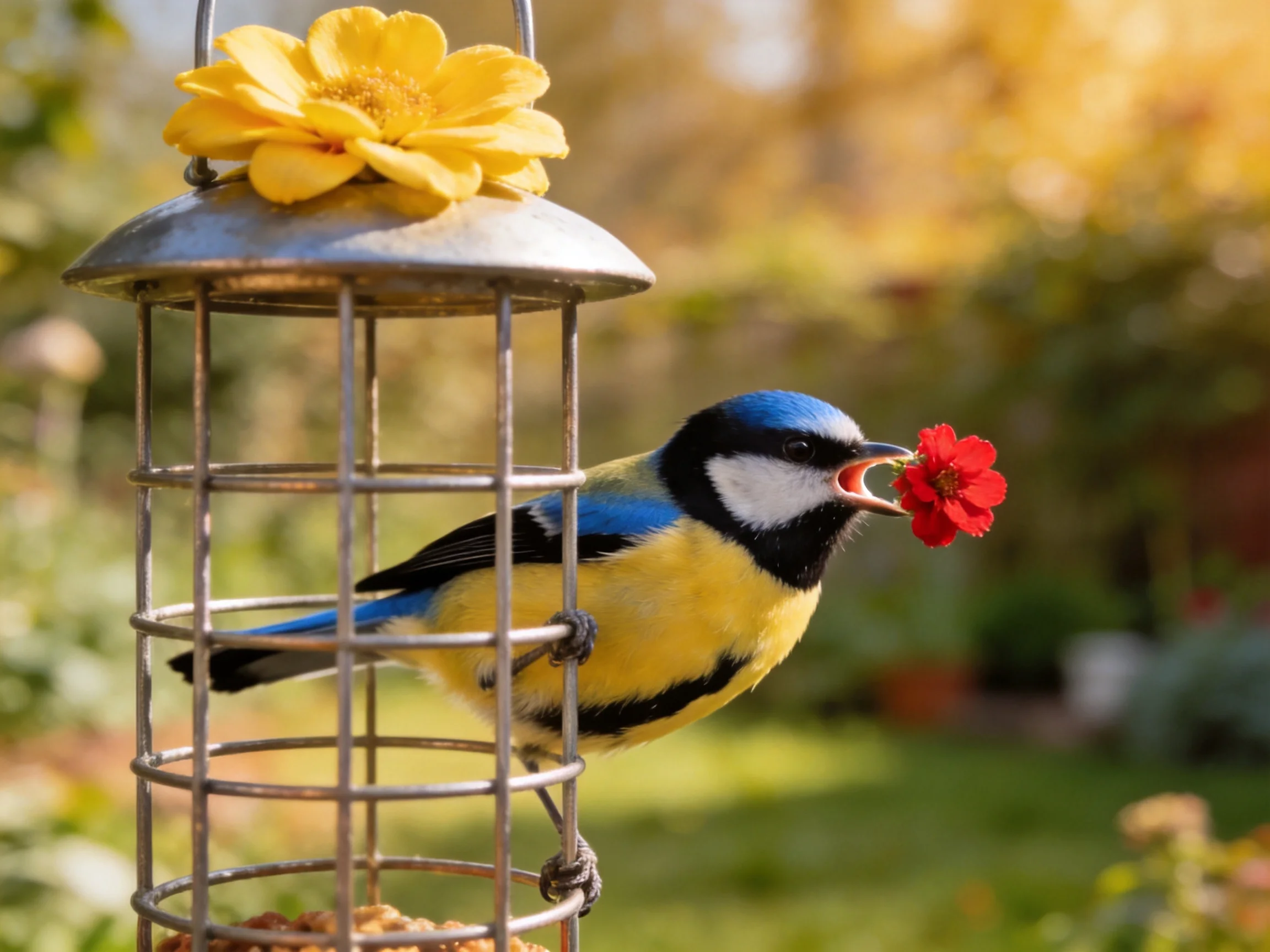 A colorful blue tit holds a red flower by a metal feeder with a yellow bloom