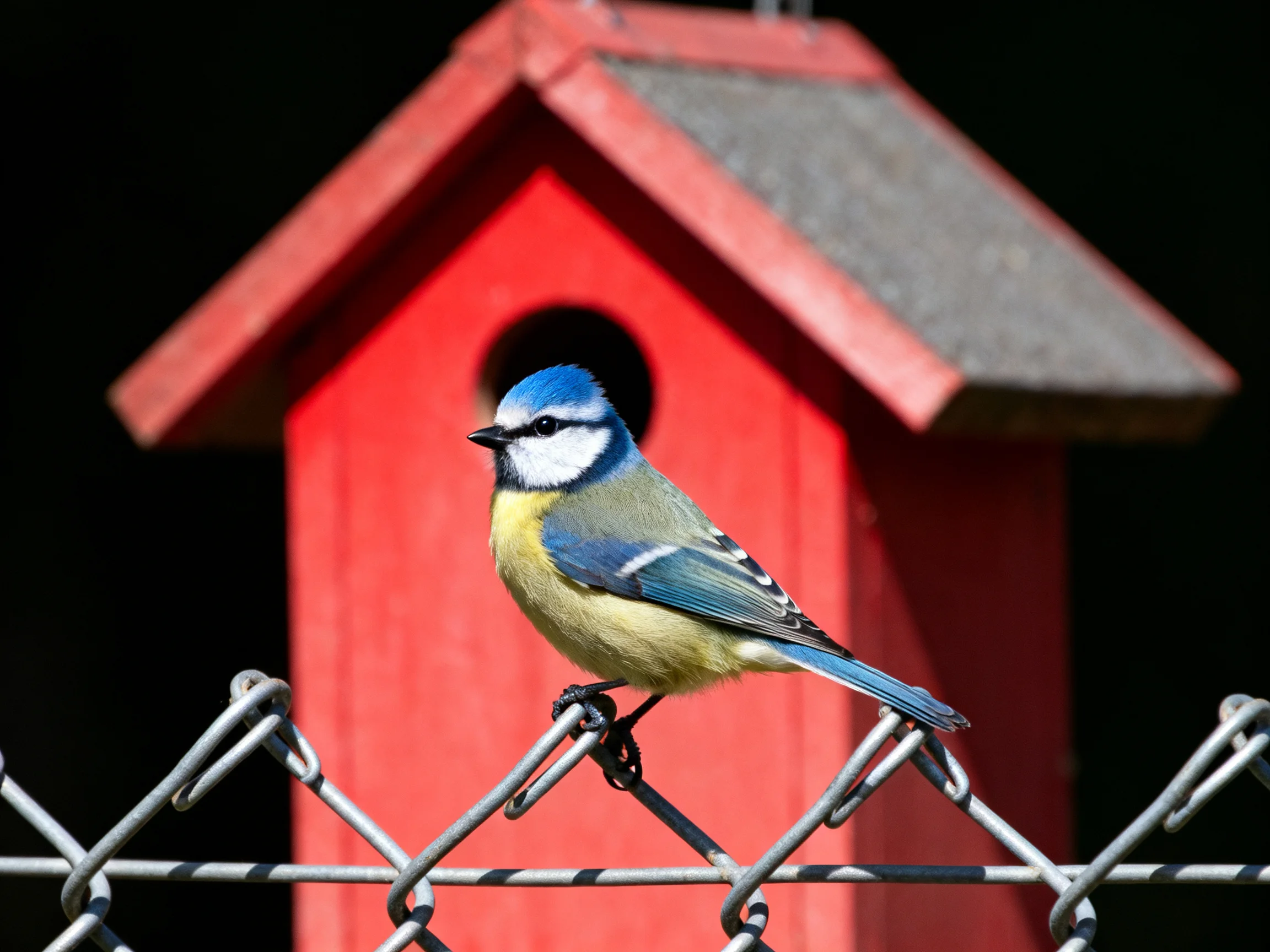 A colorful blue tit perched near a bright red wooden birdhouse