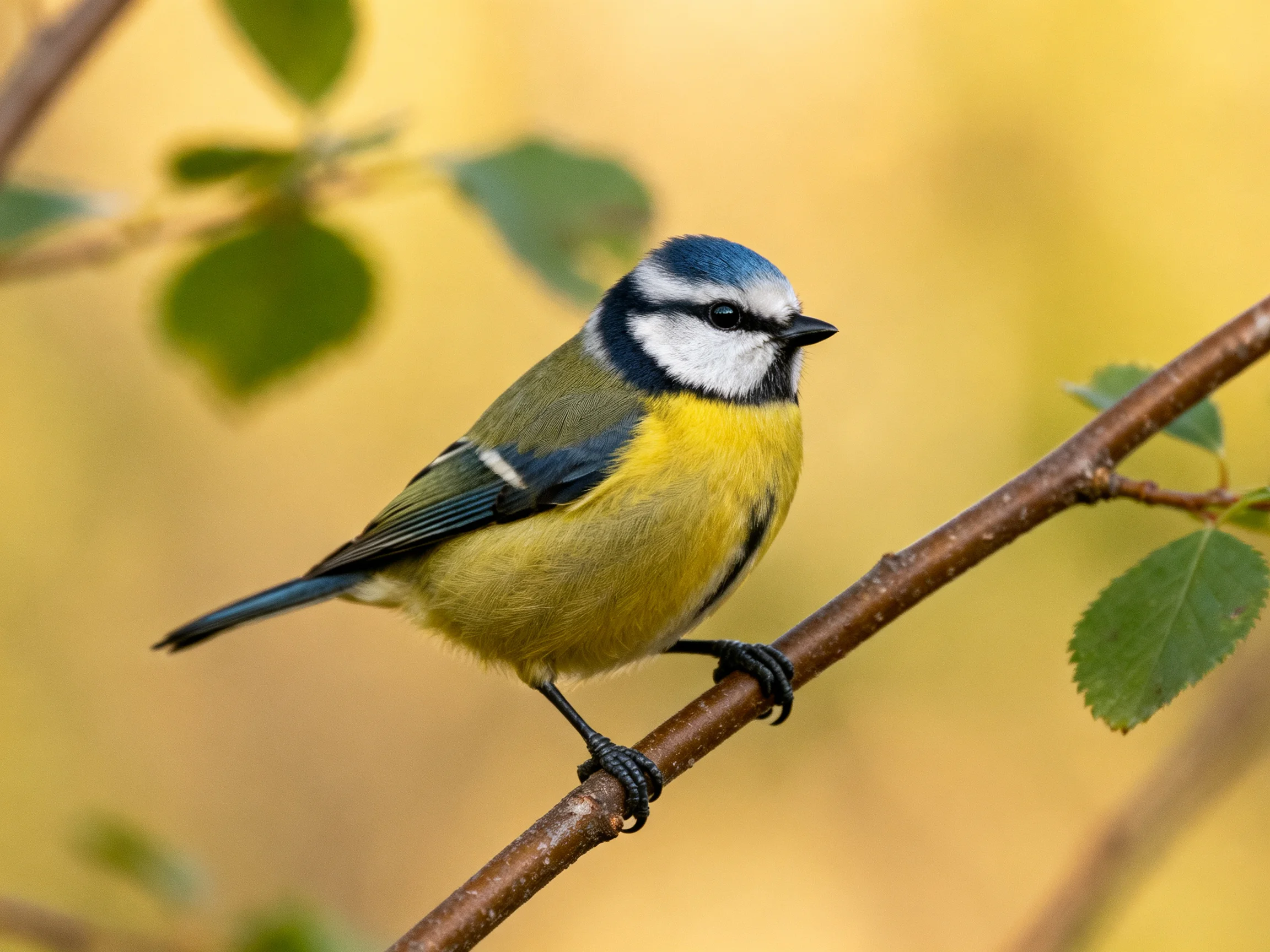 A colorful blue tit perched on a brown tree branch